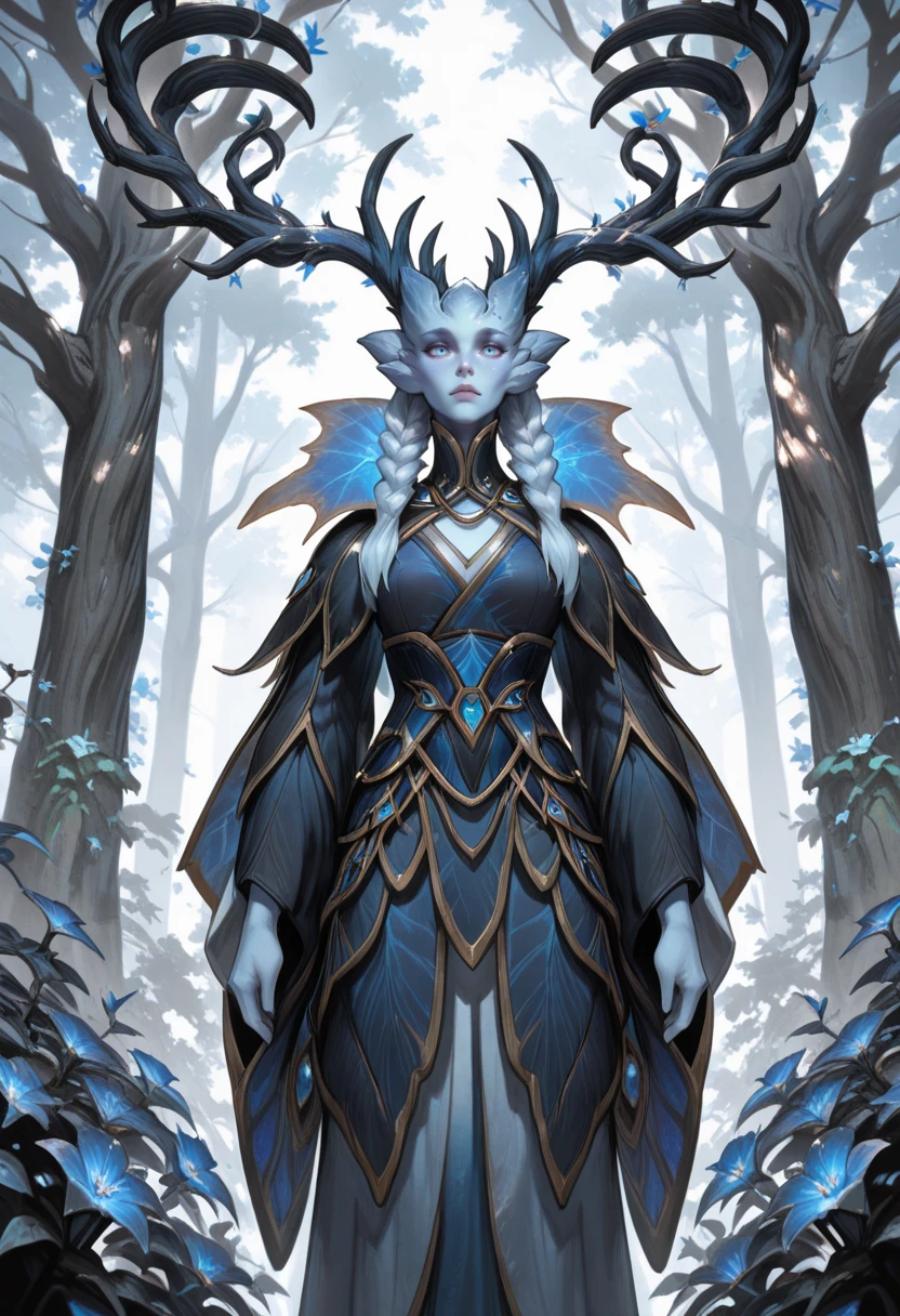 very awa, masterpiece, best quality, absurdres, newest, perfect quality, detailed background, intricate details
<lora:ILWowW1interQu33n:1>
WowW1interQu33n, 1girl, alien, colored skin, braid, blue eyes, long hair, horns, twin braids, antlers, blue eyes, stands serenely in a natural setting, surrounded by lush greenery and blooming flowers. She wears a traditional Japanese kimono with intricate patterns and a red inner lining. Softly lit by gentle sunlight filtering through trees, creating dappled shadows in the background.