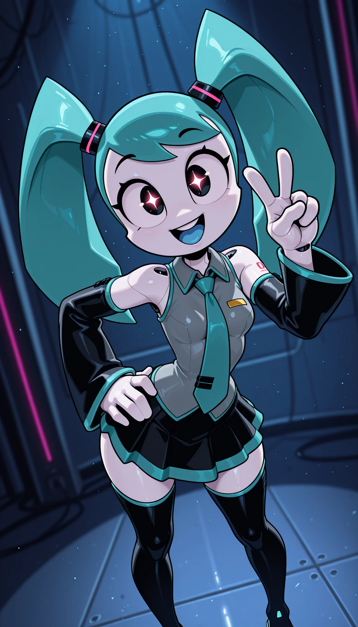 masterpiece, best quality, amazing quality, 4k, very aesthetic, high resolution, ultra-detailed, absurdres, newest, scenery, cartoon, toon, cartoon, dramatic light, 1girl, solo, (jenny wakeman:1.3) AND hatsune miku, (robot, android, part lines:1.2), (white skin, metalic skin, ceramic skin:1.2), collared wide detached sleeve grey shirt, necktie, skirt, thighhighs, (no nose:1.2), [shiny black eyes:symbol-shaped pupils:13], bright pupils, big eyes, one eye half-closed, (winking:0.8), open mouth, smile, blue tongue, standing, posing, twisty pose, head tilt, legs apart, long hair, small breasts, wide hips, narrow waist, from above, face focus, dutch angle, v, one hand on hip, cyberpunk, stage, blue neon, spot light, fine shiny fablic emphasis, BREAK, robot white hands, fingers, eyes, extremely detailed eyes, photorealistic detail, detailed background, volumetric lighting, depth of field