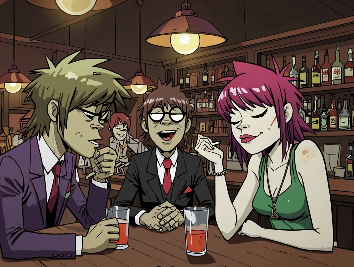 Jamie Hewlett style.  Cartoon style. People getting drunk at a bar.