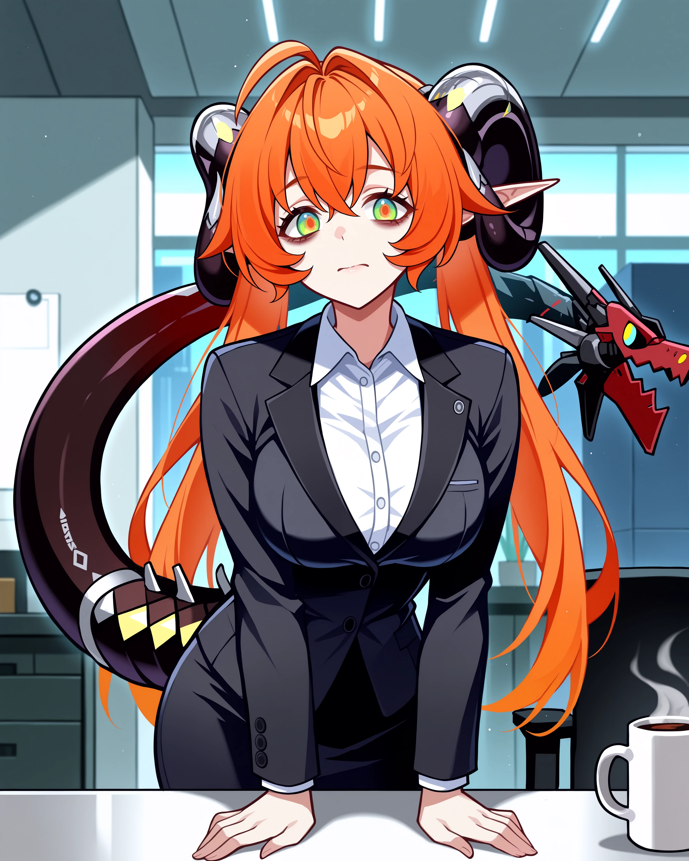 masterpiece, best quality, amazing quality, aesthetic, absurdres, best quality, 4k, upscale, tired eyes, eye bags, dark circles under eyes, messy hair, indoors, office, cup, mug, holding, orpheuszzz, 1girl, solo, long hair, bangs, orange hair, dragon horns, horns, breasts, pointy ears, (mechanical tail), twintails, hair between eyes, looking at viewer, suit, formal, white shirt, office shirt, office lady, green eyes, multicolored eyes, hair intakes, ahoge, <lora:Orpheus_IL_v3:1>