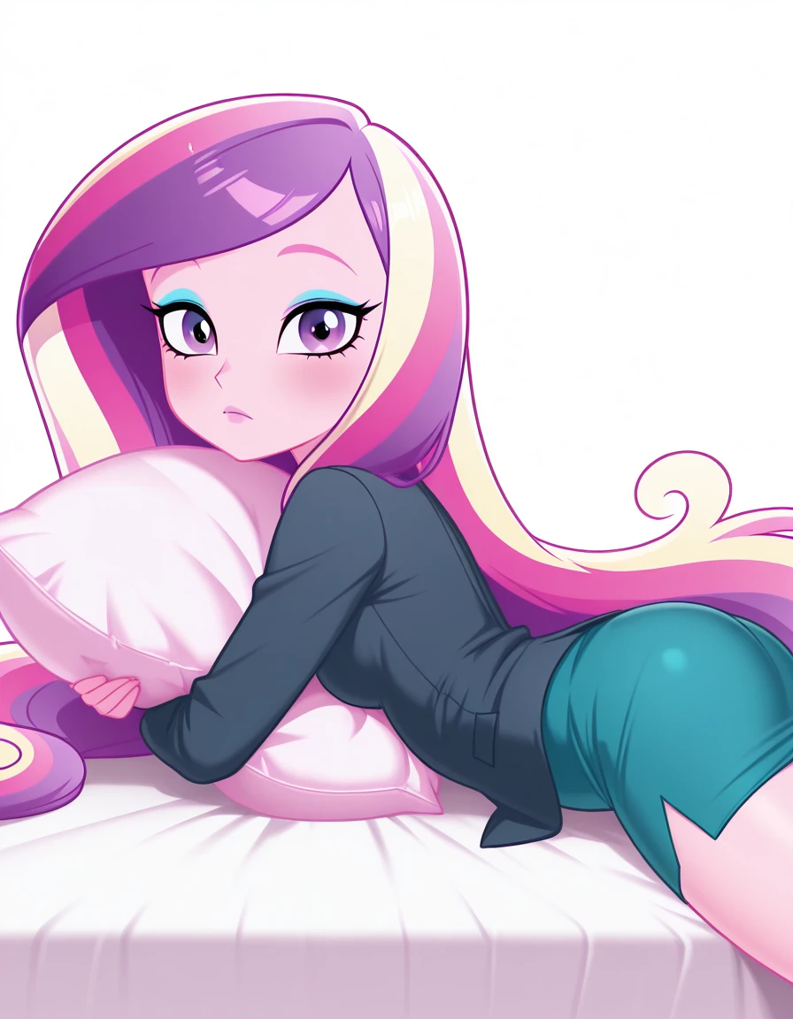 masterpiece, best quality, amazing quality,, <lora:dean-cadance-movie-illustriousxl-lora-nochekaiser:1>, cadance, long hair, very long hair, purple eyes, pink hair, purple hair, multicolored hair, two-tone hair, eyelashes, makeup, eyeshadow, skirt, formal, suit,, <lora:on-stomach-from-side-illustriousxl-lora-nochekaiser:1>, on stomach from side, on stomach, from side, on bed, pillow, pillow hug, looking at viewer, blush, parted bangs, ass, thighs, temple, holy, sacred, religion, traditional, cowboy shot, solo, looking at viewer, <lora:transparent-background-illustriousxl-lora-nochekaiser:1>, transparent background, simple background, white background