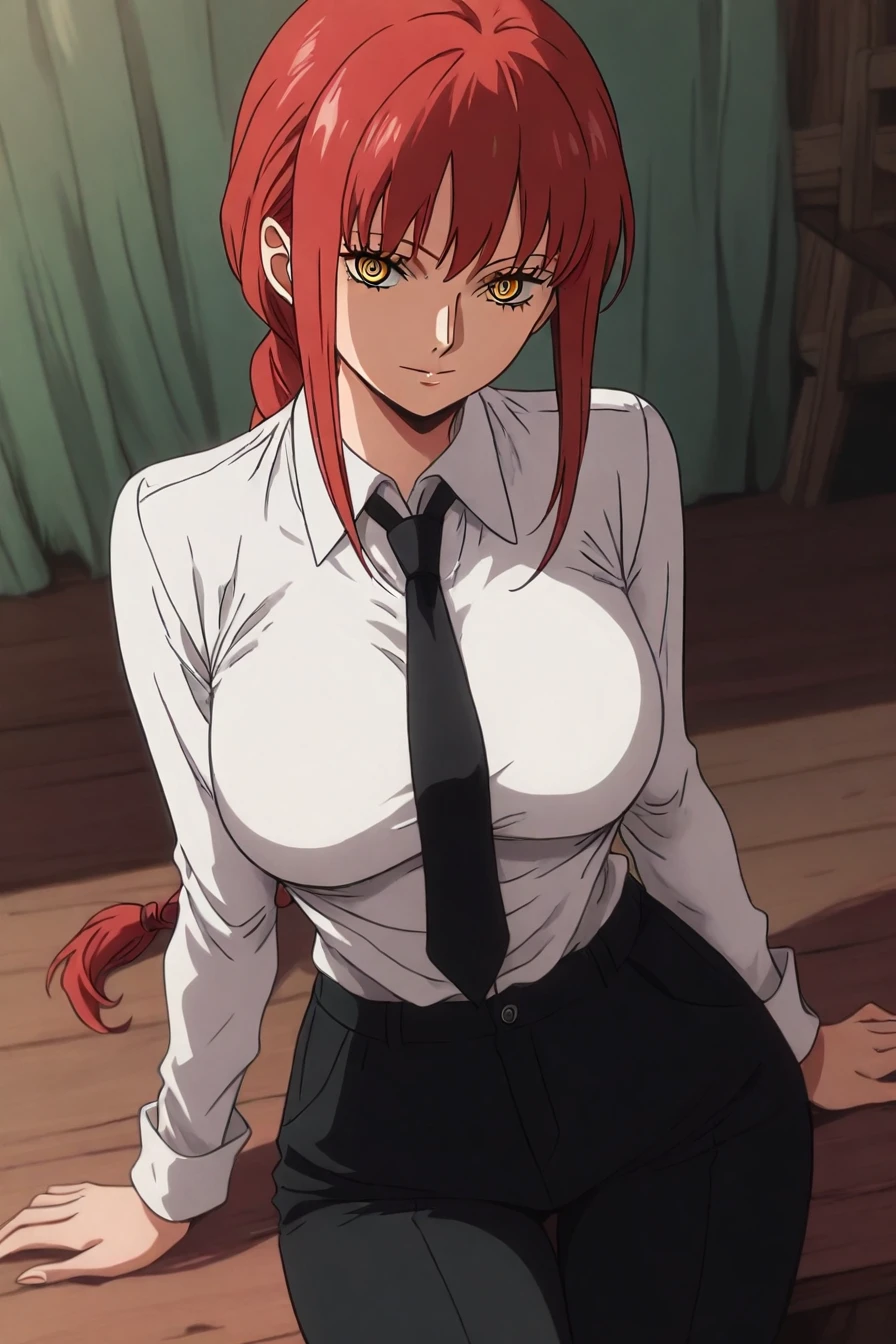 makima, red hair, long hair, yellow eyes, ringed eyes, braid, white collared shirt,black necktie, black pants,  <lora:one_piece_style_illustriousXL-000017:1>, one_piece_style, masterpiece, highres