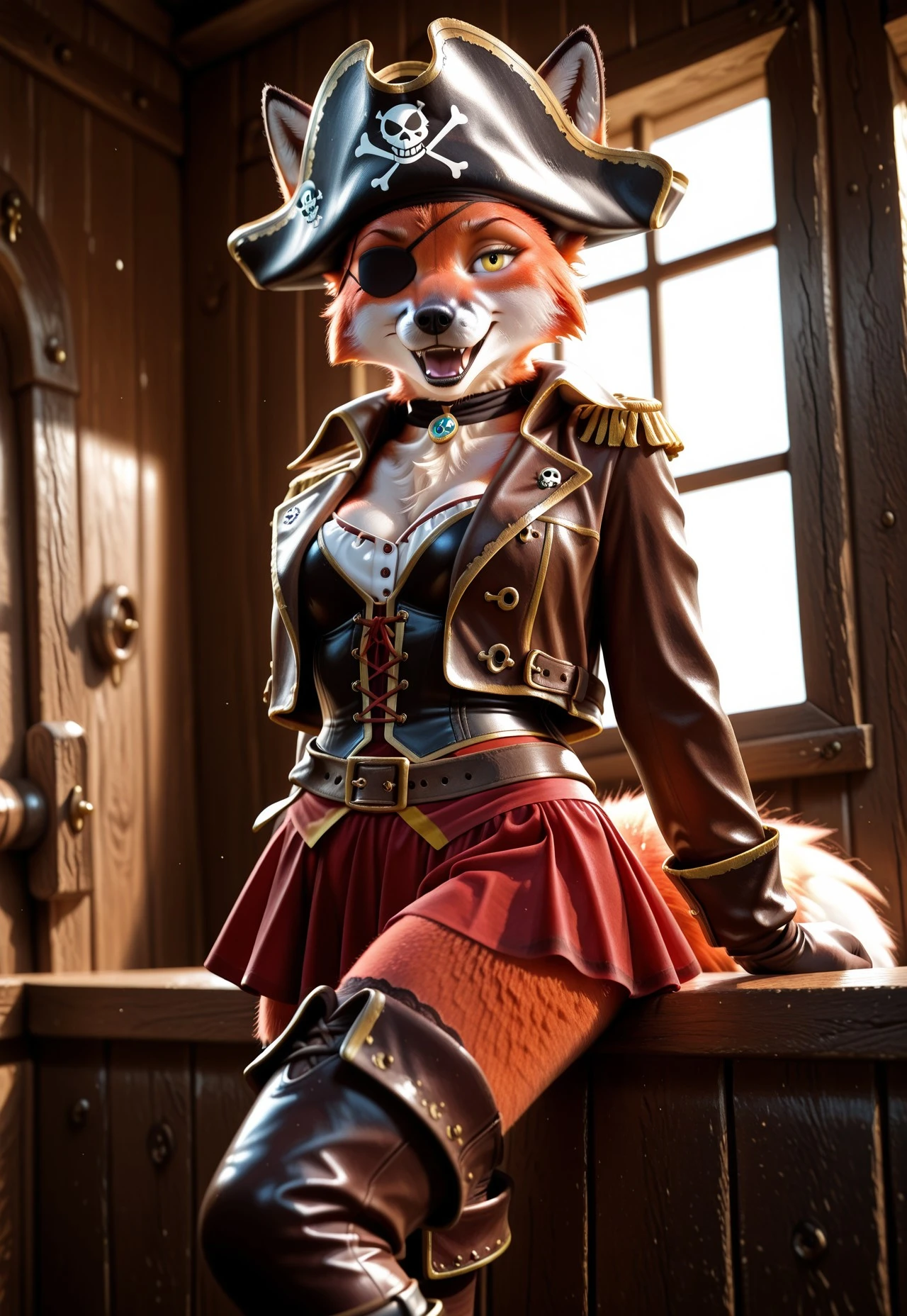 def_beatrice, semi-realistic, Beatrice, canine, red fox, red fox tail, detailed fur, red fur, multicolored fur, anthro female, anthro, black nose, white sclera, yellow eyes, eyepatch, 1 girl, solo, red fox pirate, skirt, gloves, jacket, pirate hat, shirt, thigh high leather boots, fox pirate, maw, aidmaimageupgrader