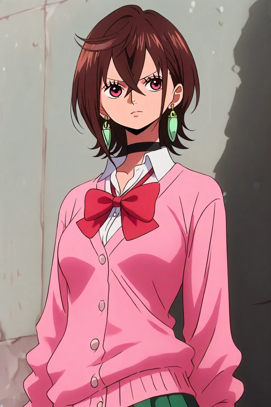 <lora:ayase_momo-koto-Illustrious v01:0.4> ayasemomo, hair between eyes, crossed bangs, green earrings, brown hair, red eyes, black choker, short hair, white shirt, red bowtie,pleated skirt,school uniform, pink cardigan, long sleeves, 1girl, solo, alone, <lora:one_piece_style_illustriousXL-000017:1>, one_piece_style, masterpiece, highres