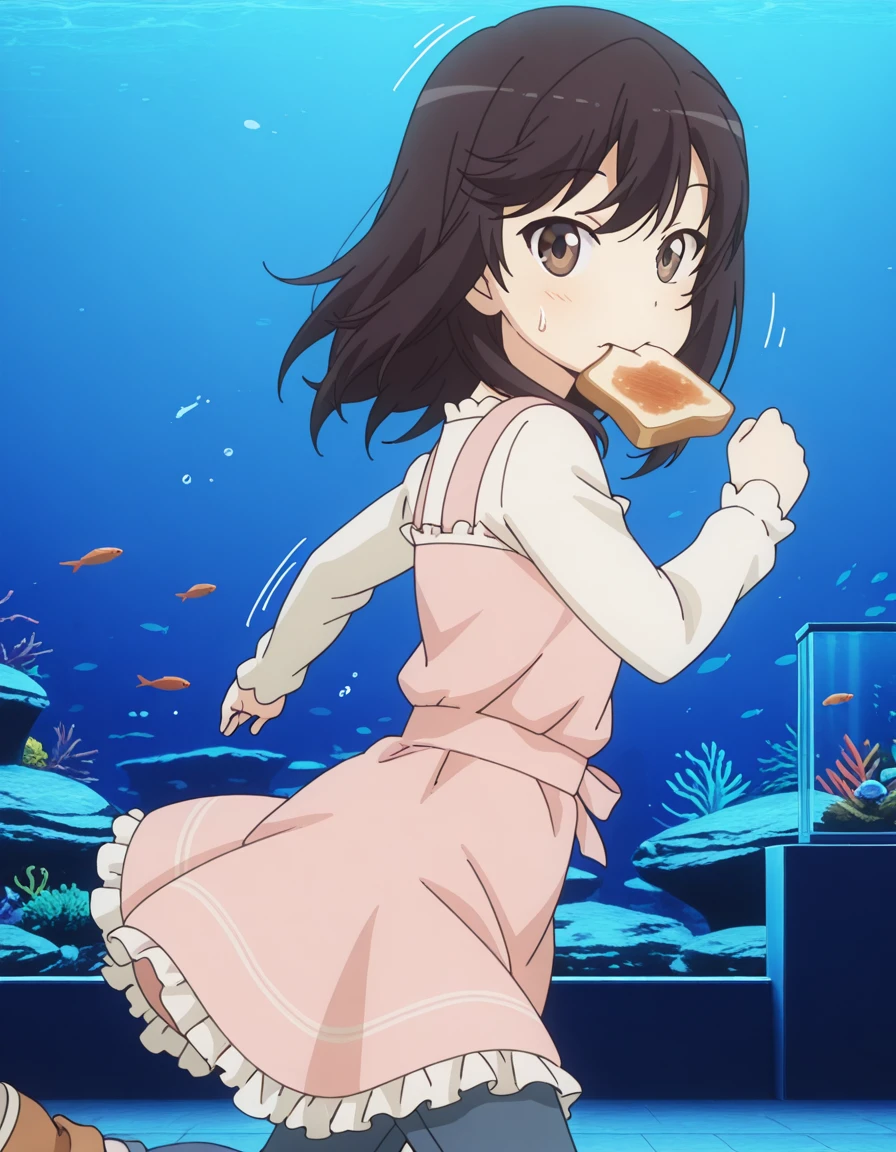 masterpiece, best quality, amazing quality,, <lora:hotaru-ichijou-s3-illustriousxl-lora-nochekaiser:1>, hotaru ichijou, black hair, brown eyes, anime screencap, dress, pink dress, frills, long sleeves, pants, denim,, <lora:food-in-mouth-running-illustriousxl-lora-nochekaiser:1>, food in mouth running, food in mouth, running, bread, bread slice, food, toast in mouth, toast, sweatdrop, motion lines, motion blur, outdoors, cowboy shot, from side, aquarium, water, fish, tanks, blue, cowboy shot, solo, looking at viewer,