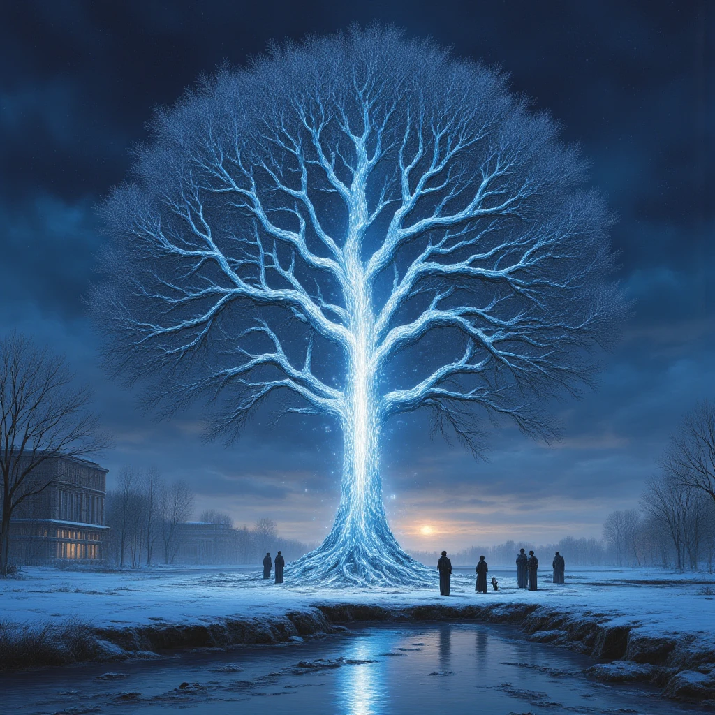 Dystopian Mythology Fantasy, The image shows a tree of gondor in the middle of a city at night illuminated by a light show. The tree is surrounded by people and the sky is visible in the background. The image is animated giving it a dynamic feel., tree, scenery, multiple boys, night, outdoors, water, robe, sky, building, snow