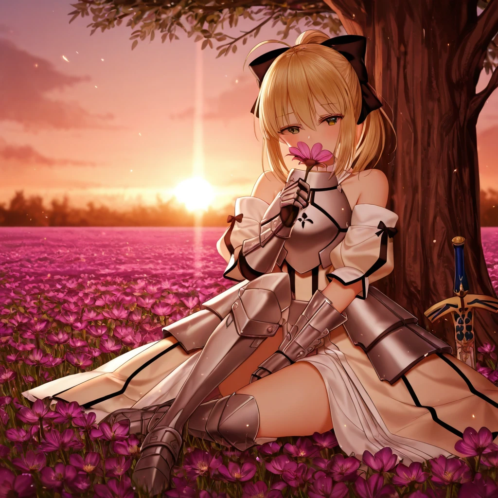 masterpiece, best quality, <lora:emjjunkarstyle:1>,emjjunkarstyle, emjjunkarstyle,1girl,ahoge,armor,armored_boots,armored_dress,artoria_pendragon_(fate),black_bow,blonde_hair,blush,boots,bow,caliburn_(fate),covered_mouth,covering_own_mouth,crocus_(flower),dress,fate/unlimited_codes,fate_(series),field,flower,flower_field,flower_over_mouth,gauntlets,green_eyes,hair_between_eyes,hair_bow,hand_up,head_tilt,high_ponytail,holding,holding_flower,holding_sword,holding_weapon,junpaku_karen,long_hair,looking_at_viewer,outdoors,pink_flower,ponytail,purple_flower,reverse_grip,saber_lily,sitting,smelling,smelling_flower,solo,sunset,sword,tree,weapon,white_dress,white_flower