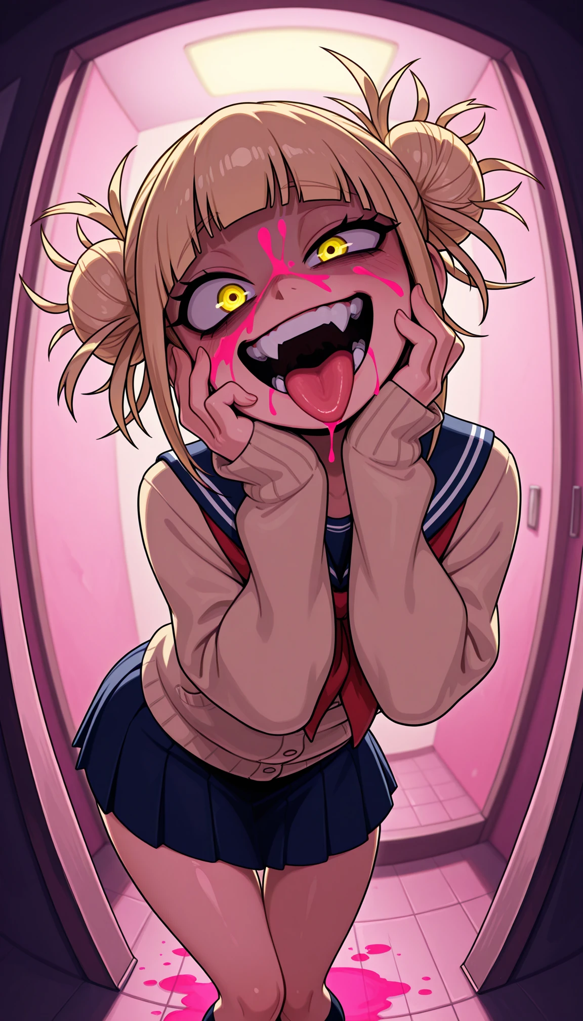 masterpiece, best quality, amazing quality, 4k, very aesthetic, high resolution, ultra-detailed, absurdres, newest, scenery, cartoon, toon, dark, rim light, 1girl, toga himiko, glowing yellow eyes, bloodshot eyes, crazy eyes, wide-eyed, very big eyes, sanpaku, (uneven eyes:1.2), (upturned eyes:1.2),(raised inner eyebrows:1.2), crazy smile, shaded face, teeth, fangs, (open mouth:1.2), tongue out, lip licking, double bun, (blood covering face, face covered with blood, pink blood:1.4), (hands on own cheek:1.2), school uniform, sleeves past wrists, from above, (dutch angle:1.2), (head tilt:1.2), (twisted torso:1.2), thigh gap, leaning forward, (pink:0.7) colorful background, backlighting, wide shot, fisheye, BREAK, hands, fingers, mouth, tongue, ears, detailed tongue, extremely detailed, extremely detailed eyes, delicate hair, shiny skin, volumetric lighting