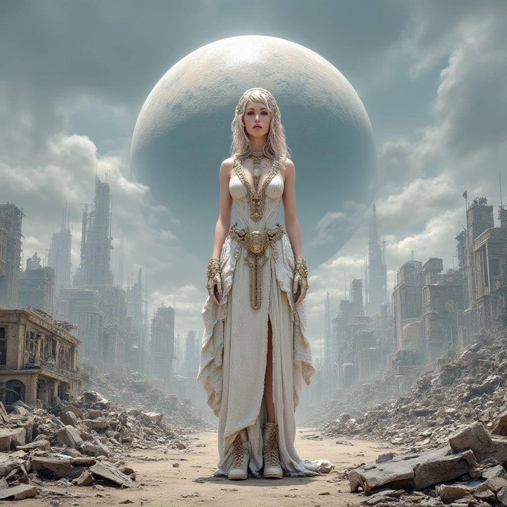Dystopian Mythology Fantasy, The image shows a woman in a white dress standing in front of a city with a planet in the background. She is surrounded by buildings and scrap on the ground and the sky is filled with clouds., 1girl, solo, blonde hair, cloud, realistic, gloves, ruins, dress, armor, boots