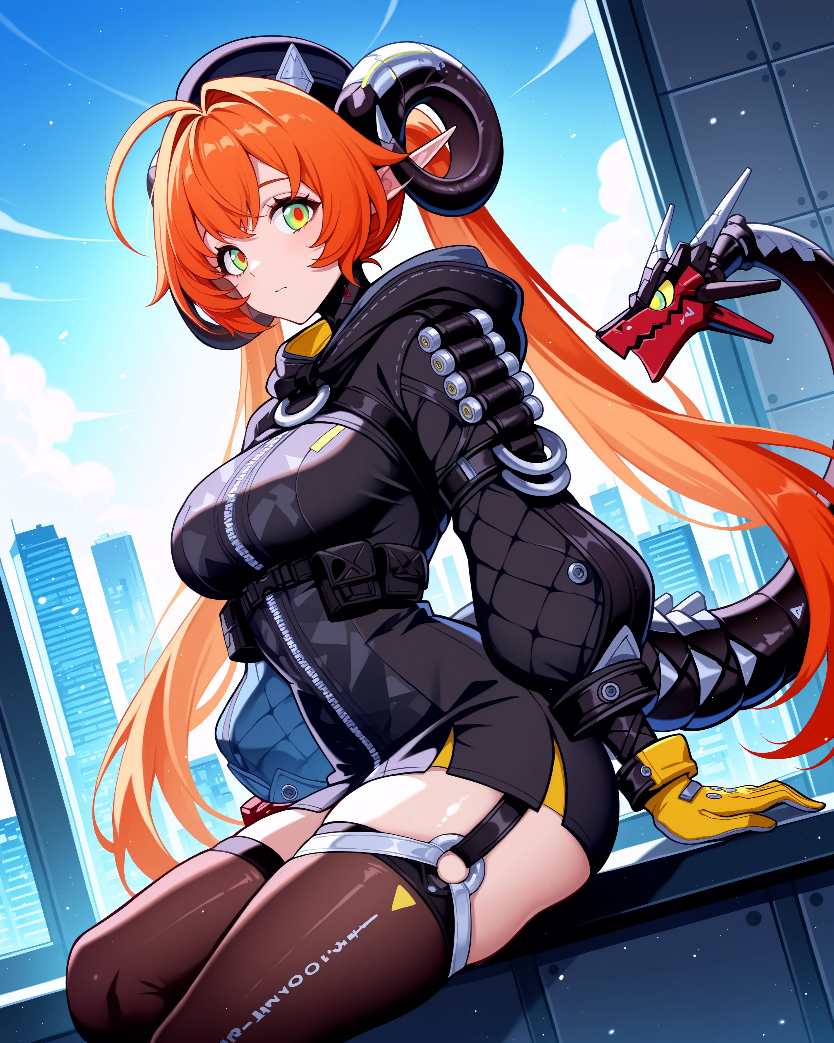 masterpiece, best quality, amazing quality, aesthetic, absurdres, best quality, 4k, upscale, indoors, sky, city, orpheuszzz, 1girl, solo, long hair, orange hair, dragon horns, horns, gloves, thighhighs, breasts, pointy ears, mechanical tail, twintails, very long hair, jacket,black jacket, black headwear, hood, black gloves, yellow gloves, fingerless gloves, green eyes, multicolored eyes, hair intakes, ahoge, <lora:Orpheus_IL_v3:1>