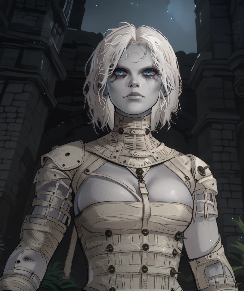 score_9, score_8_up, score_7_up, score_6_up, score_5_up, score_4_up,
laxasiaxl, white hair, blue eyes, facial mark, forehead mark, medium hair,
white , cleavage, from below, serious,
standing, upper body,
night, ruins,
looking at viewer, <lora:laxasiaTCXL-11v7:1>,