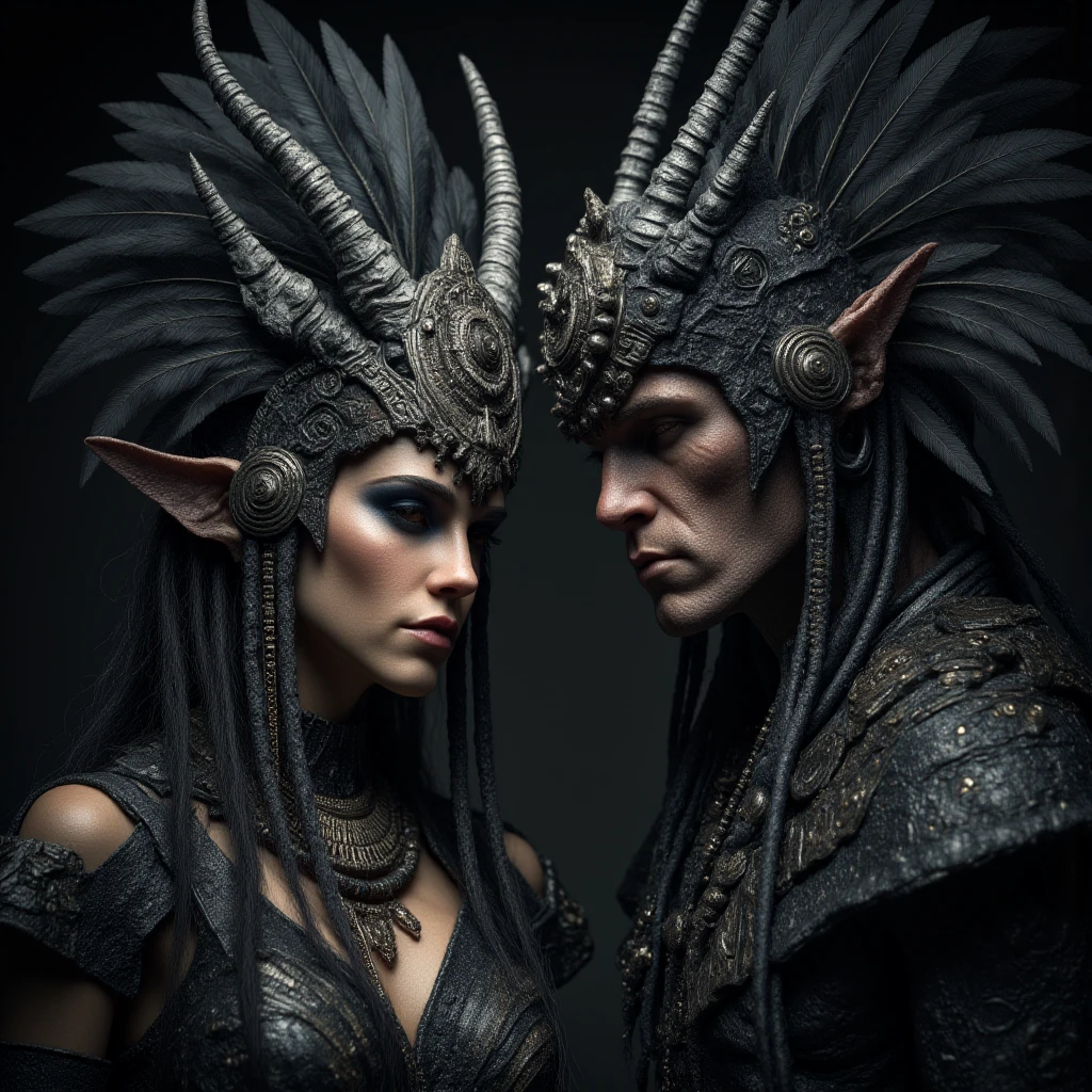 Dystopian Mythology Fantasy, The image shows a man and woman dressed in elaborate costumes with the woman wearing a headdress and the man wearing a mask. The background is dark creating a mysterious atmosphere., horns, 1girl, black hair, long hair, jewelry, pointy ears, feathers, necklace, realistic