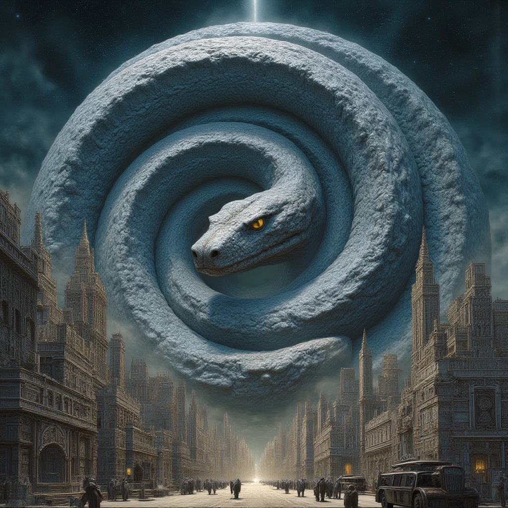 Dystopian Mythology Fantasy, The image shows a snake in the middle of a city with a spiral vortex in the background. The snake is surrounded by buildings and the sky is filled with stars., no humans, city, scenery, building, snake, skyscraper, sky, fantasy, yellow eyes, cityscape