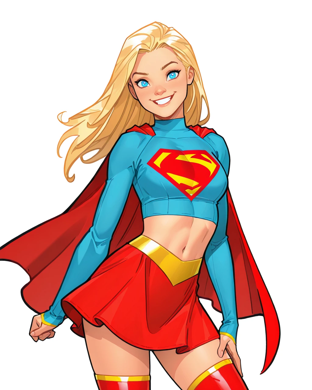 masterpiece, best quality, absurdres, perfect quality, absolutely eye-catching, <lora:AmandaConnerIllus:0.9> aconner, <lora:SupergirlIllus:0.7> newsupergirl, 1girl, blonde hair, long hair, blue eyes, crop top, cape, midriff, red skirt, thigh boots, contrapposto, looking at viewer, happy smile,
