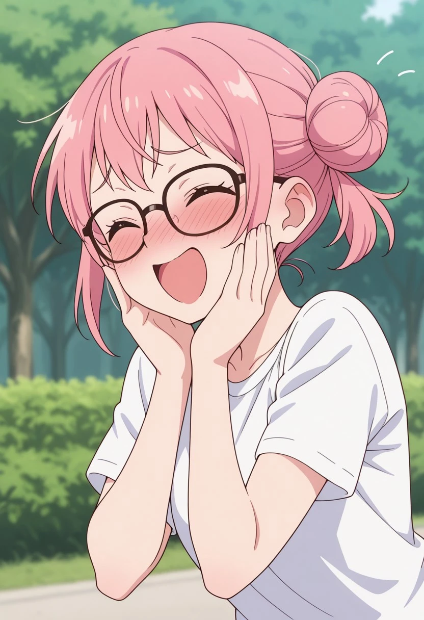 solo, upper body, 1girl, double hair bun, glasses, t-shirt, kilig_pose, hands on own cheeks, open mouth, closed eyes, blush, smile, outdoor, masterpiece, 4k resolution, anime