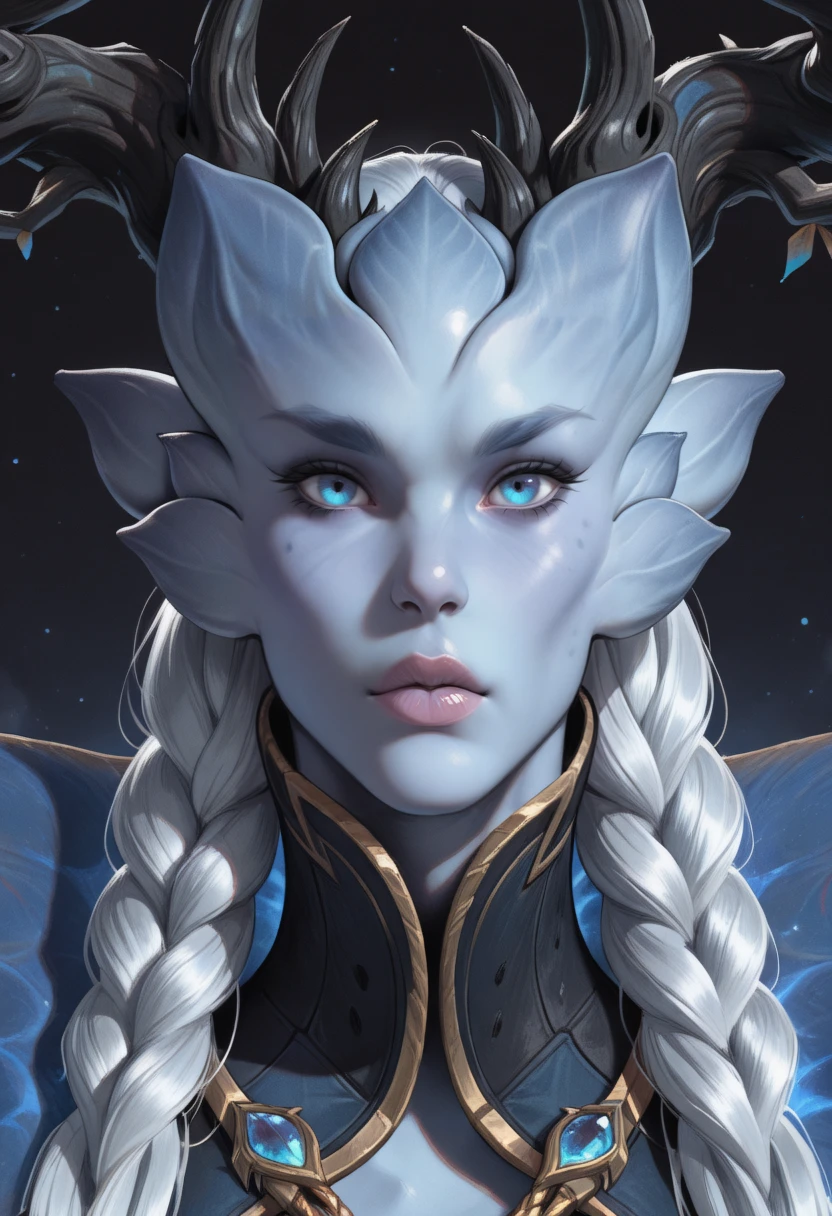 very awa, masterpiece, best quality, absurdres, newest, perfect quality, detailed background, intricate details
<lora:ILWowW1interQu33n:1>
WowW1interQu33n, 1girl, alien, colored skin, braid, blue eyes, long hair, horns, twin braids, antlers, blue eyes, looking at viewer, portrait