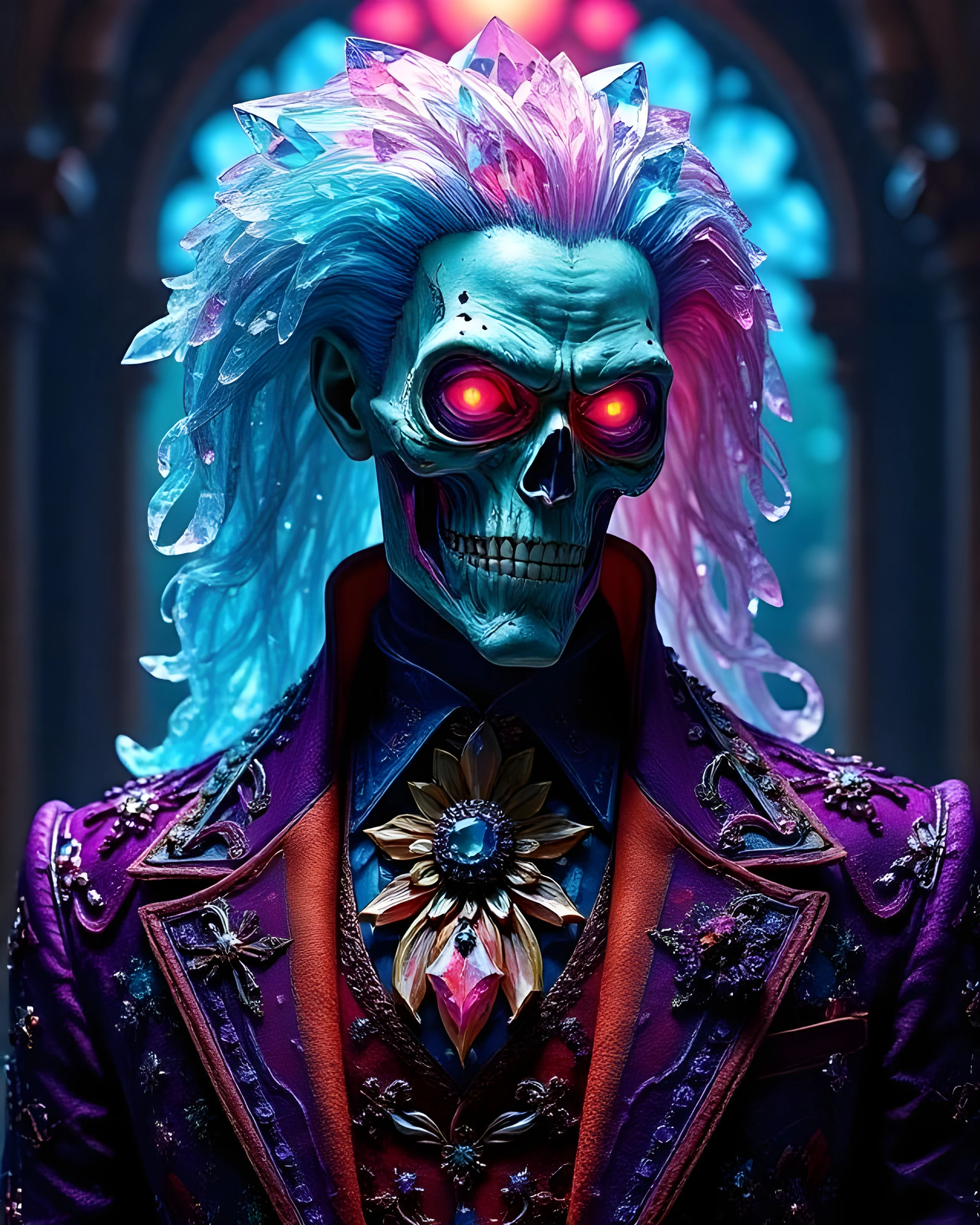A skeletal figure with glowing red eyes and a vibrant, crystalline hairstyle in shades of blue and pink. It is dressed in an ornate, dark purple suit embellished with intricate details and a large, decorative brooch resembling a flower with a gem at its center. The background features stained glass windows casting colorful light, enhancing the mystical and eerie atmosphere.
