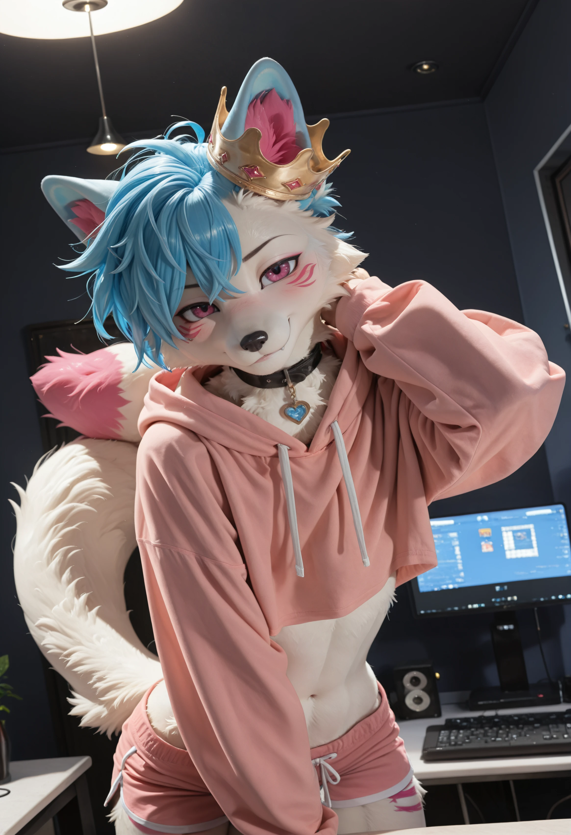 (masterpiece, best quality, very aesthetic, newest, 2024:1.2), (photorealism, photorealistic:1.1), hi res, close up,   dutch angle, ol1ver_pr1nce, arctic fox, animal ears, furry, blue hair, tails, fluffy fur, solo, male focus, pink claws, pink eyes, 1boy, looking at viewer, furry male, smile, blush, body fur, standing, collar, clothed, clothes, pink cropped hoodie, fabric shorts, studio interior, standing, wearing crown through ear, (big crown in ear:1.15), crown around ear, upper body, seductive, looking at viewer, front view, medium shot, soft spotlight, dark background, cinematic quality, smirk  <lora:noobReal-V2.1:0.45> <lora:Oliver_Prince_OC_Illustrious:1>