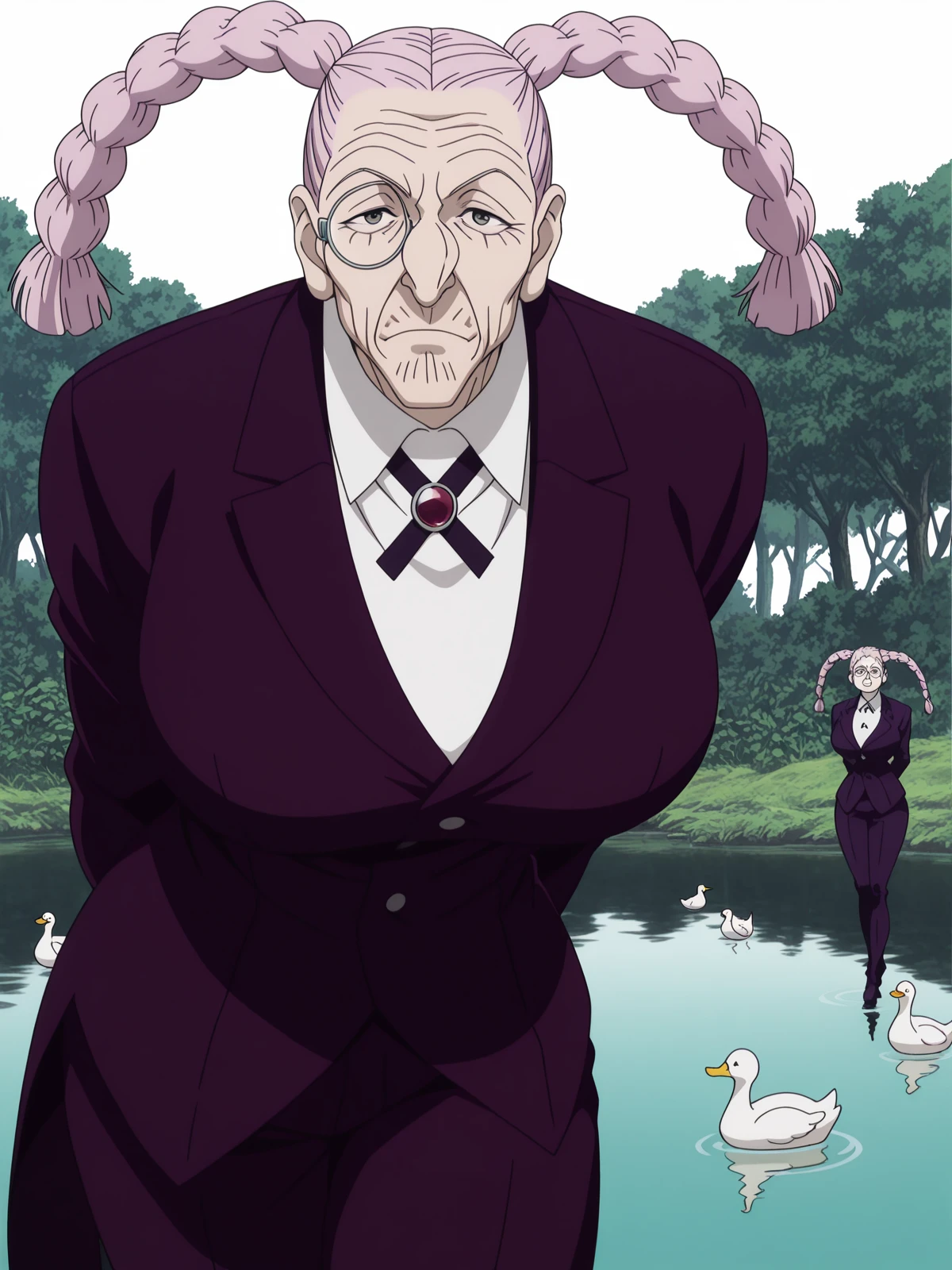 masterpiece, best quality, amazing quality,, <lora:hxh-tsubone-anime-illustriousxl-lora-nochekaiser:1>, hxh tsubone, long hair, braid, facial hair, old, pink hair, glasses, monocle, wrinkled skin, broad shoulders, mature female, , anime screencap,, shirt, long sleeves, jacket, white shirt, collared shirt, pants, formal, suit,, hands behind back, ,, pond, still_water, plants, ducks, peaceful, cowboy shot, solo, looking at viewer, <lora:transparent-background-illustriousxl-lora-nochekaiser:1>, transparent background, simple background, white background