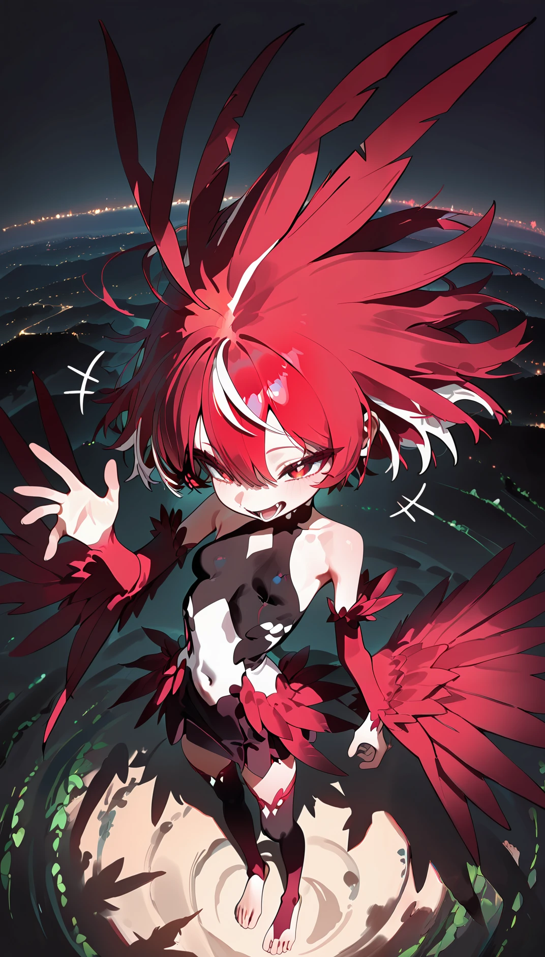 masterpiece, best quality, amazing quality, very aesthetic, absurdres,  newest, scenery,
, laughing, +++, Standing with one hand waving, upper body, from above, , pyronix, 1girl,exposed navel,red eyes,red hair,multicolored hair,wings,
two-tone hair,red wings,bare shoulders,feathered wings,small ,
detached sleeves,barefoot,thighhighs,toeless legwear,Zettai Ryouiki,  
, animated, dynamic angle, close-up,portrait, fisheye lens, detailed face,colorful, close-up, masterpiece, best quality, amazing quality, very aesthetic, absurdres, newest, scenery, volumetric lighting