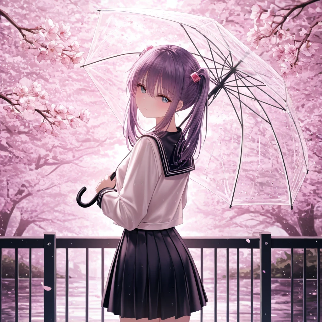 masterpiece, best quality,  <lora:emjjunkarstyle:1>,emjjunkarstyle, emjjunkarstyle,1girl,black_sailor_collar,black_skirt,blue_eyes,blush,branch,cherry_blossoms,closed_mouth,cube_hair_ornament,flower,hair_between_eyes,hair_ornament,holding,holding_umbrella,junpaku_karen,long_hair,long_sleeves,looking_at_viewer,looking_back,petals,pink_flower,pleated_skirt,purple_hair,railing,rain,sailor_collar,serafuku,shirt,skirt,solo,transparent,transparent_umbrella,twintails,umbrella,uniform,water,white_shirt