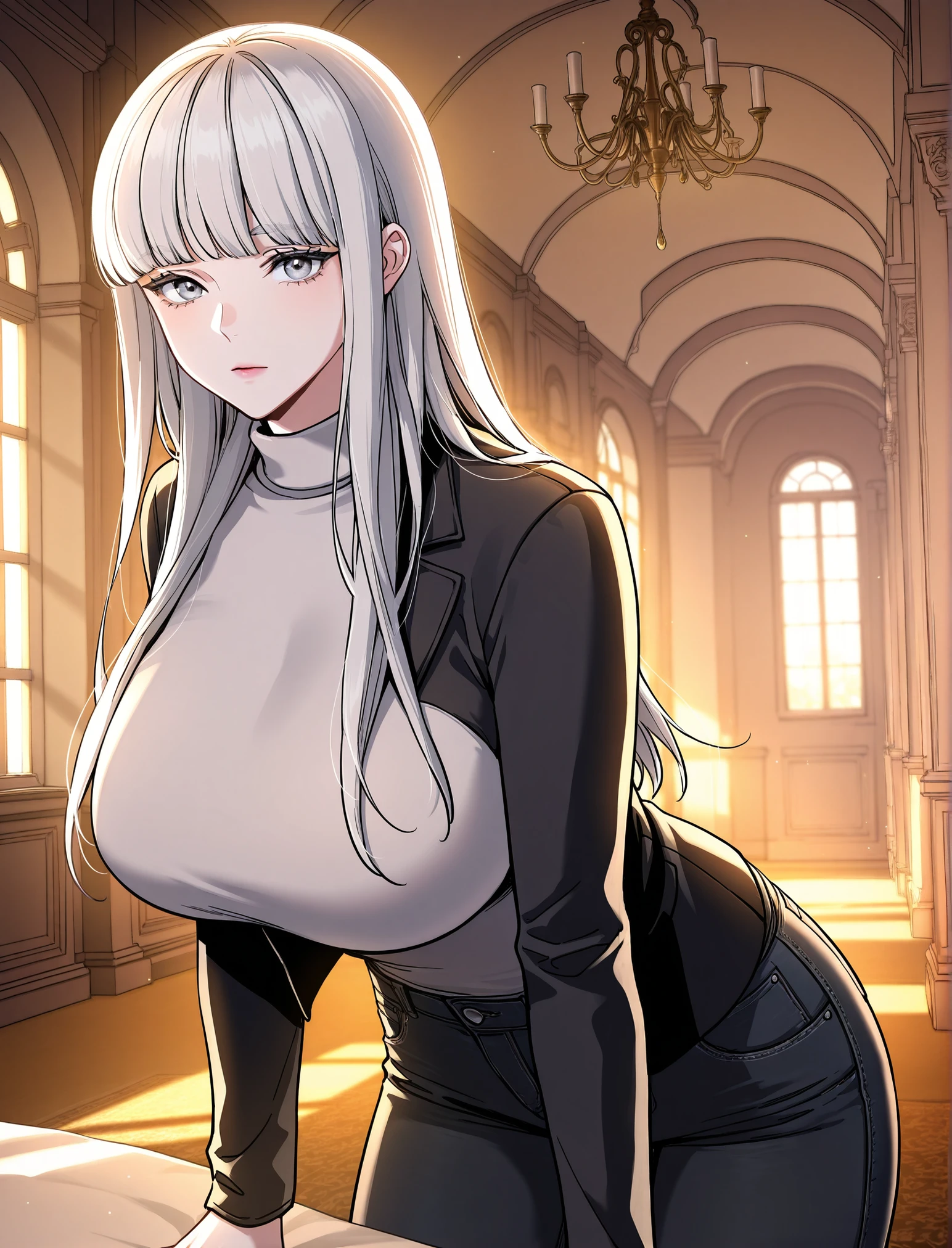 A woman with long silver hair, purple eyes, wearing a black dress, big breasts, muscular, shy face, in a luxurious room at night, a bright place.(woman solo), HDR, ultra resolution, sharp, masterpiece, 8K HD