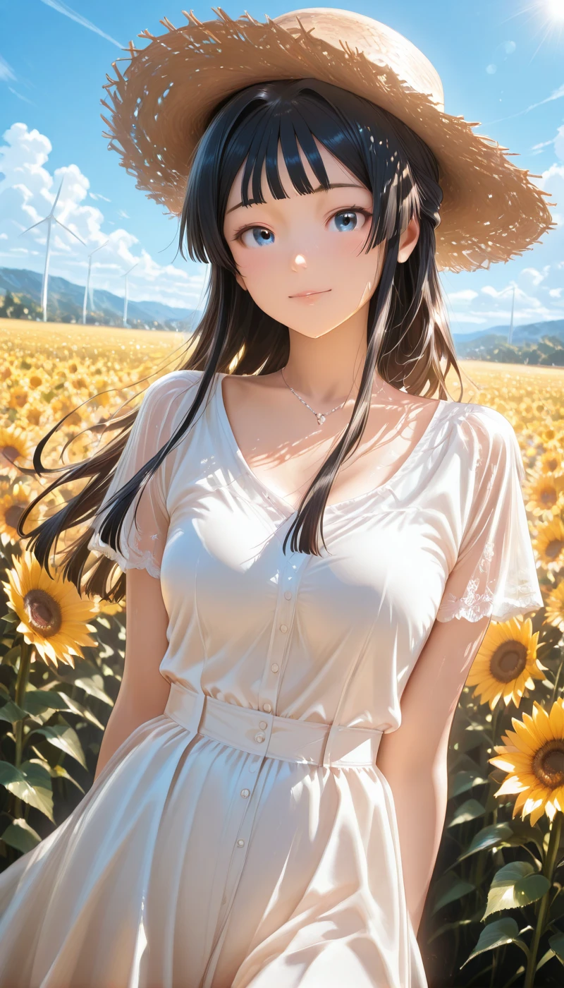 <lora:LCMTurboMix_Euler_A_fix:1> <lora:example_SDXL:0.3>, EZRealPONYXL, <lora:Dramatic Lighting Slider:3><lora:realistic filter [IL]:1>
DSLR,realistic,cosplay photo, (very awa,masterpiece,best quality,year 2024,newest,absurdres,highres:1), realistic,skin texture,facial features, photography shot with Canon EOS 5D Mark IV , realistic, RAW, best quality, masterpiece, amazing quality, skin details,
1girl, highly detailed beautiful face, natural breasts,
detailed background, shiny skin, dutch angle, 
beautiful detailed eyes, intricate details, absurdres, anime screencap,
 <lora:MogamiSizuka_IdolMaster_ILXL_kill0825:1>
IMMogaSizu, 1girl, solo, long hair, breasts, looking at viewer, blush, smile, blue eyes, black hair, dress, hat, closed mouth, jewelry, medium breasts, standing, upper body, flower, short sleeves, sidelocks, outdoors, sky, day, cloud, blunt bangs, white dress, necklace, blue sky, see-through, floating hair, arms behind back, light smile, half updo, sun hat, yellow flower, straw hat, sunflower, sundress, field, see-through sleeves, flower field, pearl necklace, sunflower field, wind turbine, sleeveless, blurry, sleeveless dress, contrail