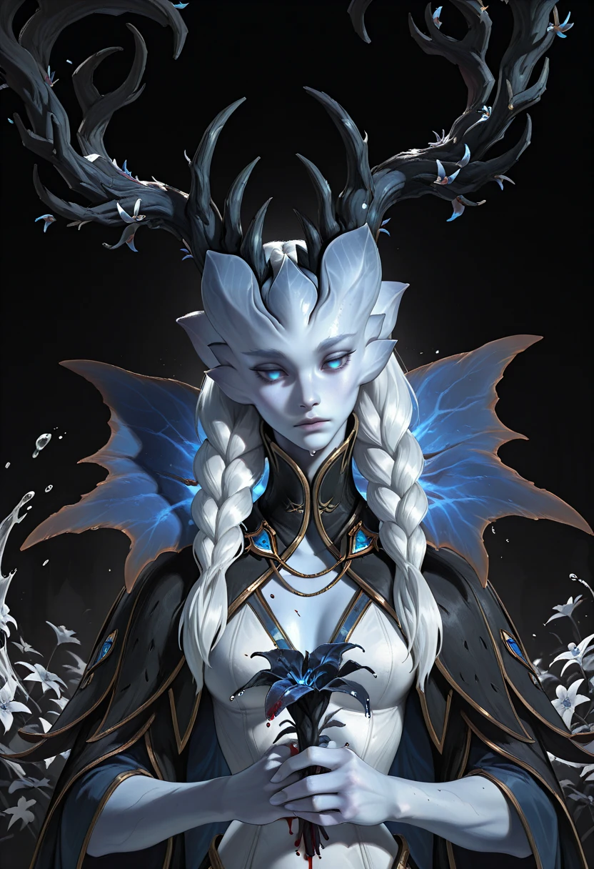 very awa, masterpiece, best quality, absurdres, newest, perfect quality, detailed background, intricate details
<lora:ILWowW1interQu33n:1>
WowW1interQu33n, 1girl, alien, colored skin, braid, blue eyes, long hair, horns, twin braids, antlers, blue eyes, flowers, dripping theme, melting theme, pale skin, holding red bouquet, cropped upper body, facing viewer, head tilt, empty eyes,  looking down, looking at viewer, expressionless,  narrow waist, dead flowers, blood splashes, splashing, black background, red theme, white theme, limited palette