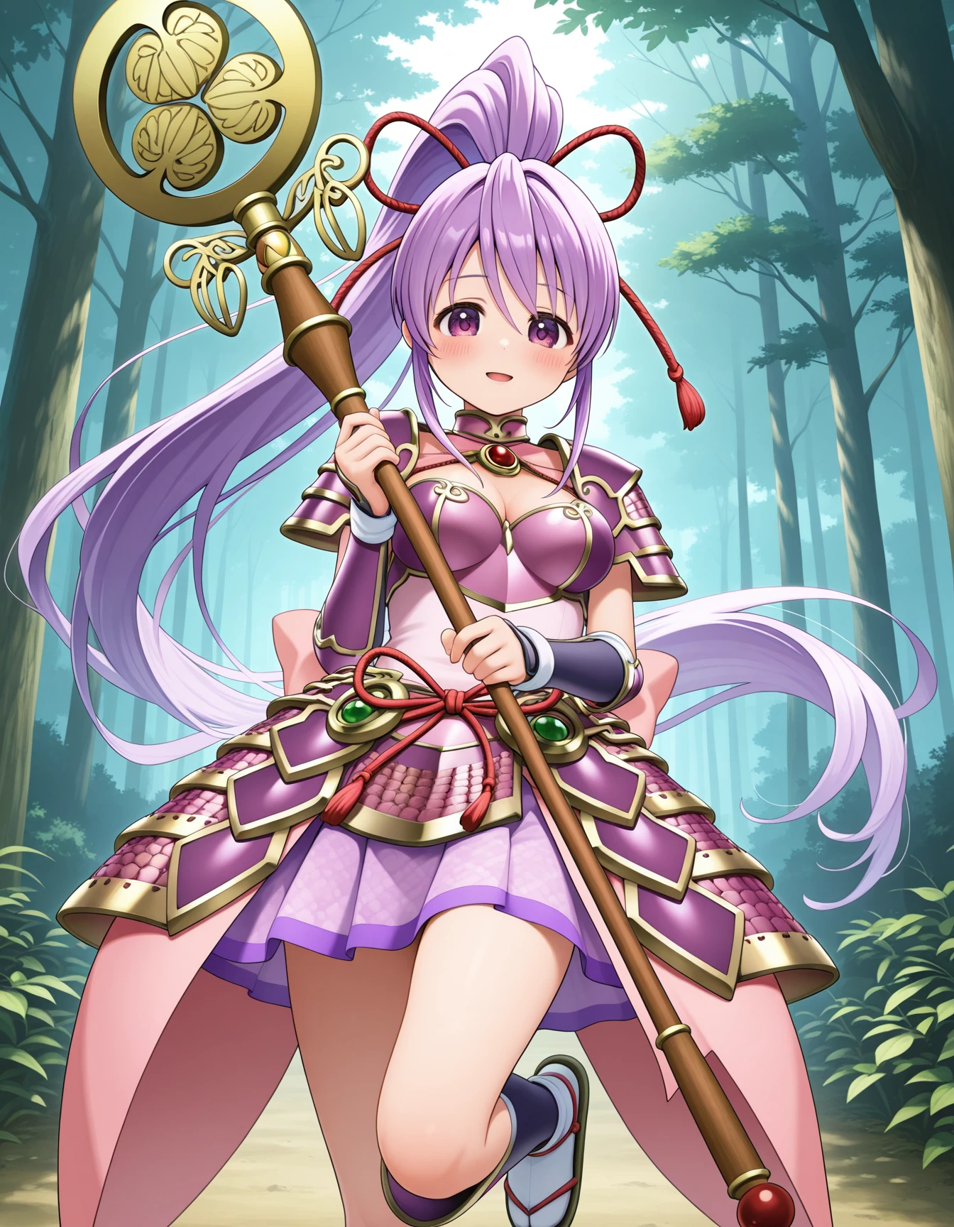 tokugawa_ieyasu_(sengoku_otome), purple hair, very long hair, purple eyes, high ponytail, medium breasts,
armored dress, jewelry, dress, skirt, tabi, sandals,
<lora:tokugawa_ieyasu_(sengoku_otome)_Illustrious_2.0-XL_v1:1>
holding staff,, masterpiece, newest, absurdres, best quality, amazing quality, very aesthetic, ultra-detailed, highly detailed, standing, (dynamic pose) , blush,
looking at viewer,cowboy shot,open mouth, light smile,
outdoors,forest