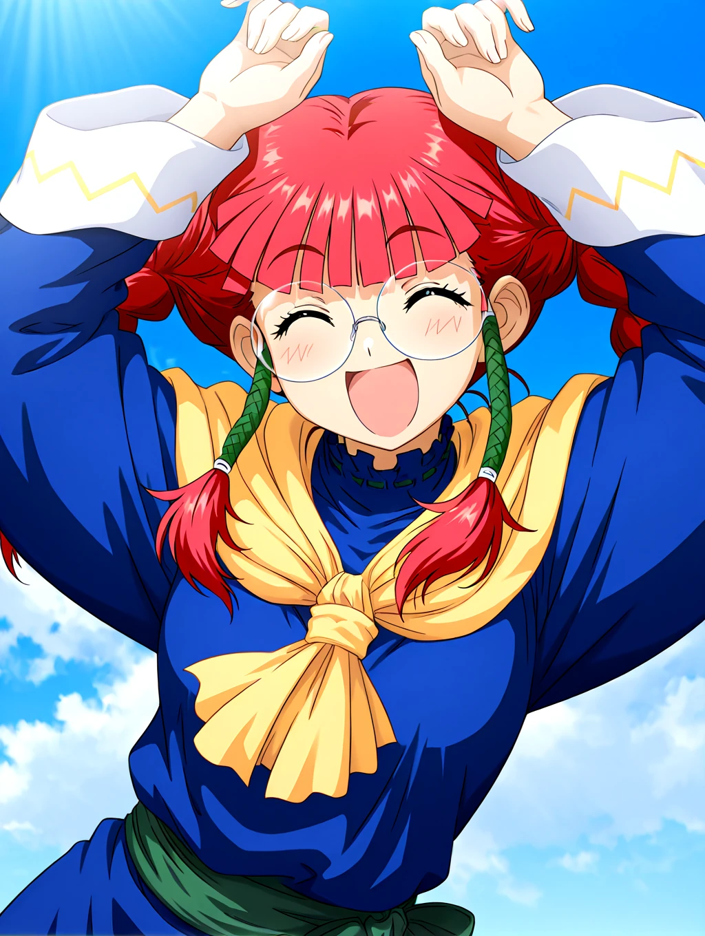 <lora:IL-D2Catherine:1>,d2catherine,1girl,solo,twin braids,red hair,round eyewear,twintails,yellow eyes,long hair,blue robe with white cuffs,glasses,green belt,braid,yellow scarf,
masterpiece,best quality,newest,absurdres,highres,detailed eyes,beautiful,detailed background,perfect eyes,anime coloring,anime screencap,
<lora:add-detail-xl:1>,<lora:ponyv4_noob1_2_adamW-000017:0.8>,wear clothes,
1girl,solo,
<lora:caramelldansen_ILv11_v1:1>,caramelldansen,parody,smile,open mouth,^_^,arms up,closed eyes,