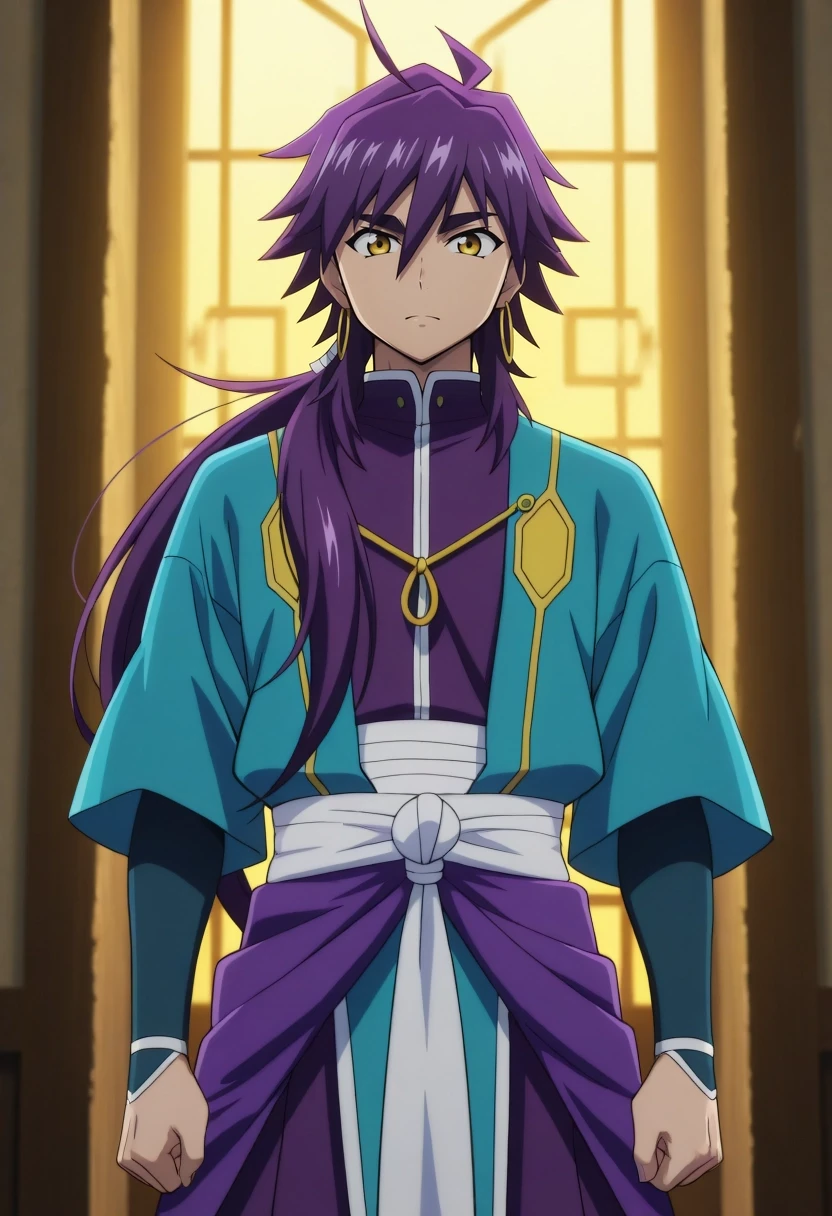 masterpiece, best quality, amazing quality, very aesthetic, high resolution, ultra-detailed, absurdres, newest, colorful, highest detailed, very awa, anime screencap, official style, anime coloring, cowboy shot, looking at viewer, 1boy, solo, male focus, <lora:snbd_msnb_ilxl:0.92>, snbd_msnb, purple hair, yellow eyes, long hair, ponytail, hair between eyes, ahoge,