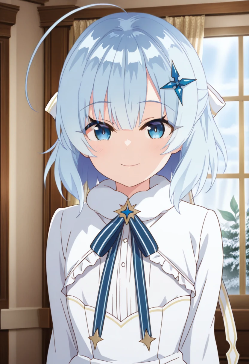 masterpiece, best quality, amazing quality, very aesthetic, absurdres, newest, huge filesize, indoors, looking at viewer, 1girl, solo, blue eyes, ahoge, hair ornament, small breasts, ribbon, dress, white dress, long sleeves, blue hair, upper body, smile, <lora:Tina_Howard-000016:1>