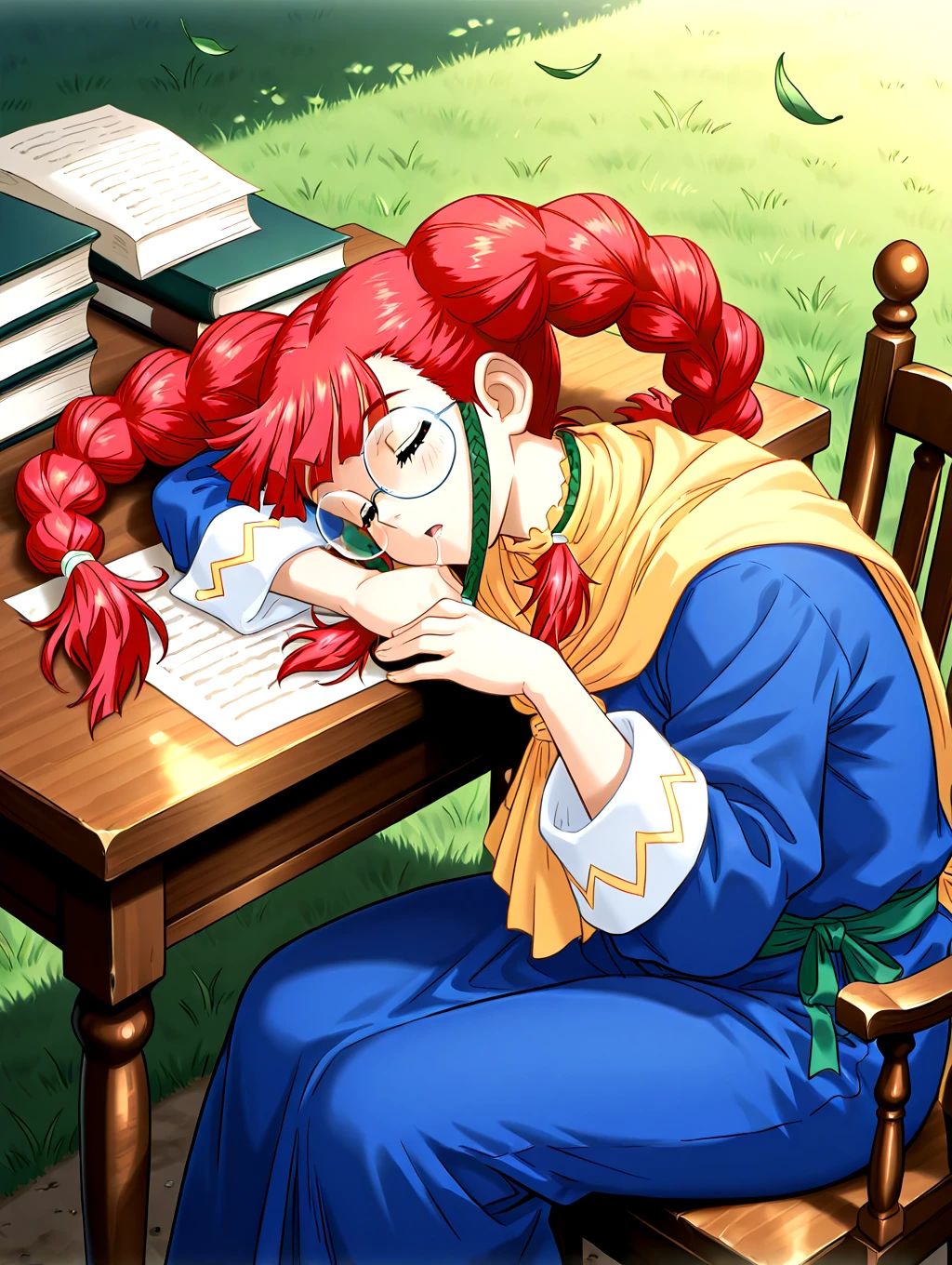 <lora:IL-D2Catherine:1>,d2catherine,1girl,solo,glasses,braid,twin braids,red hair,round eyewear,twintails,yellow eyes,long hair,blue robe,white cuffs,green belt,yellow scarf,
grasslands,floating leafs,eyewear removed,sitting,chair,twintails,saliva,sleeping on wood desk,book and paper on desk,