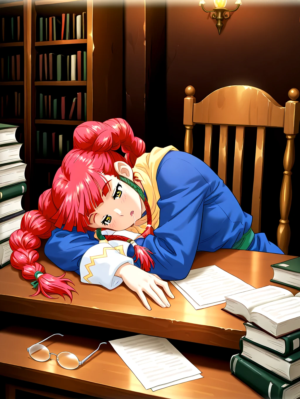 <lora:IL-D2Catherine:1>,d2catherine,1girl,solo,glasses,braid,twin braids,red hair,twintails,yellow eyes,long hair,blue robe,white cuffs,green belt,yellow scarf,
library,sitting,chair,twintails,saliva,sleeping on wood desk,book and paper on desk,unworn round eyewear,removed glasses on desk,