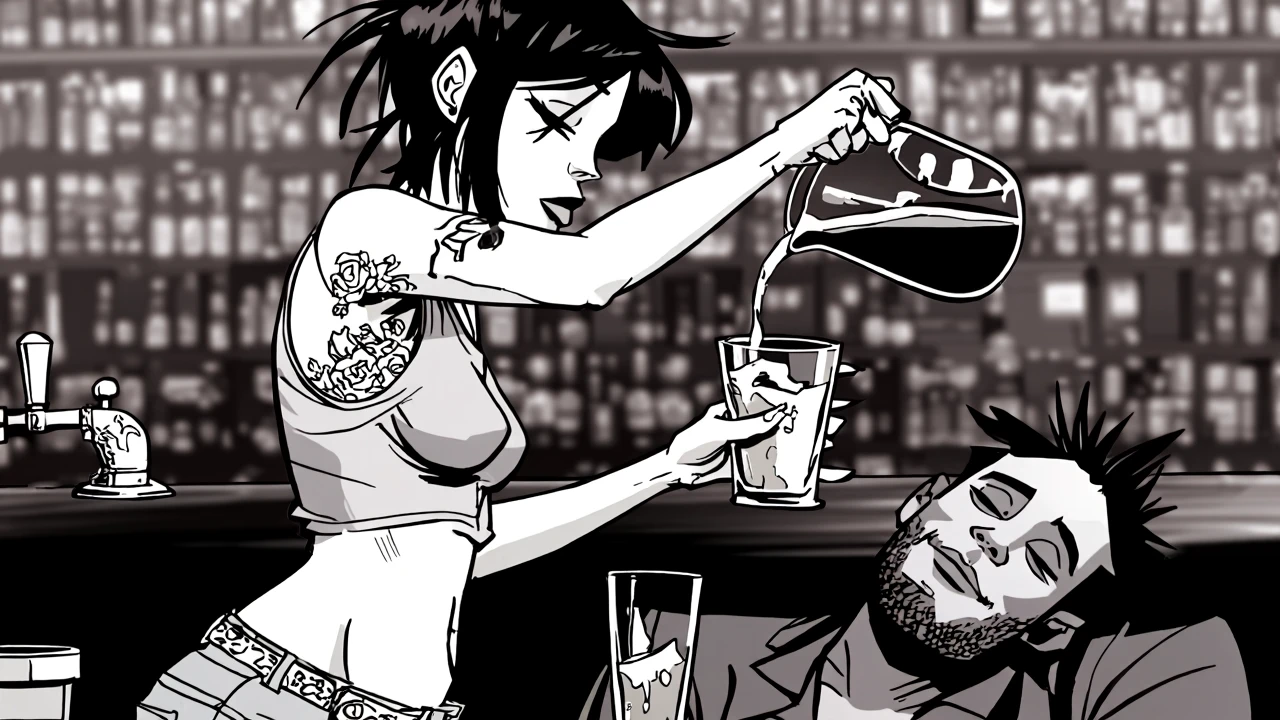 Jamie Hewlett style.  Woman in a tank top with a rose tatoo on her arm, serving pouring beer from a pitcher into a glass.  A man is passed out at the bar.