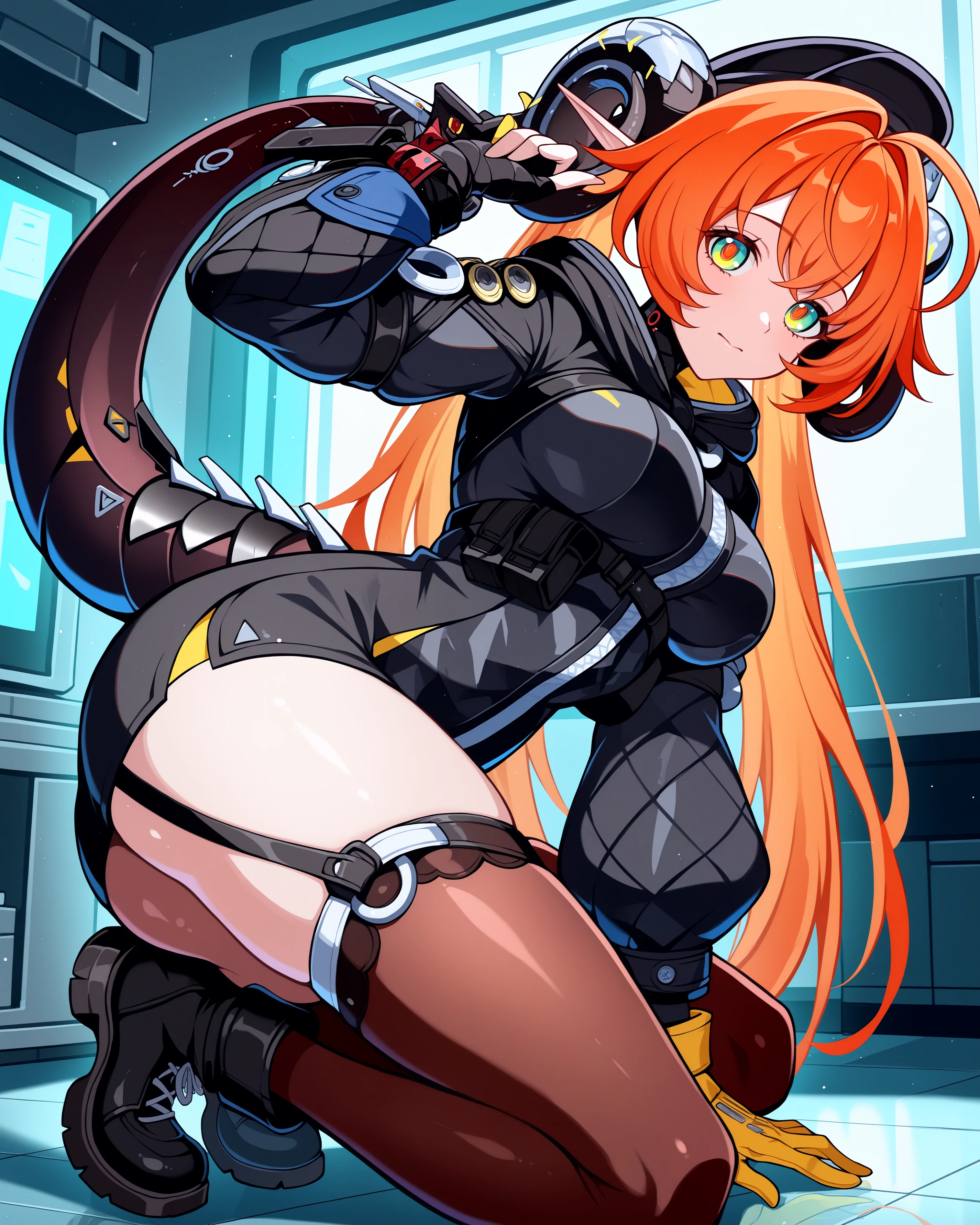 masterpiece, best quality, amazing quality, aesthetic, absurdres, best quality, 4k, upscale, indoors, stretching, orpheuszzz, 1girl, solo, long hair, orange hair, dragon horns, horns, breasts, pointy ears, (mechanical tail), twintails, very long hair, jacket,black jacket, garter straps, detached sleeves, puffy sleeves, black headwear, hood, black gloves, yellow gloves, brown thighhighs, thigh strap, fingerless gloves, black footwear, green eyes, multicolored eyes, hair intakes, ahoge, <lora:Orpheus_IL_v3:1>