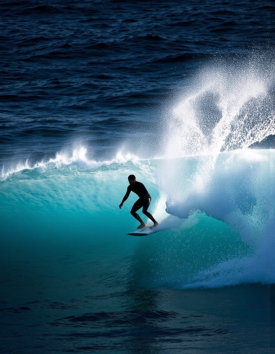 Surfing life style. A photo-realistic silhouette of a surfer riding a wave in the ocean, captured from a low angle. the surfer is positioned in the middle of the image, standing on a surfboard, with the wave breaking in front of him, creating a dynamic and powerful scene. the wave is a vibrant turquoise color, with white foam splashing onto the surface, creating an ethereal effect. the rider is silhouetted against the dark blue ocean, with their arms and legs outstretched as they ride the wave. their black wetsuit stands out against the stark contrast of the blue and white colors, making them stand out even more. the overall effect is one of serenity and freedom, capturing the essence of surfing and the beauty of the ocean.
1boy, solo, full body, water, surfing, ocean, surfer, wave, silhouette, surfing board, ocean waves
camera_angle: from below, art_style: photo realistic, location: ocean, background: ocean waves crashing against the shore, with a dramatic effect, text: NA, image_composition: middle, clothing: black wet suit, hair_style : short hair, distance_to_camera: full body , hair_color: dark hair, facial_expression: determined, action: surfing, accessory: surfboard grip, pants: nike wetsuits, eye_direction: looking down, race: light skin, shoes: n/a, ear: N/A, body: slim, gender: 1boy, eye _color: no human, facing_ direction: facing away
