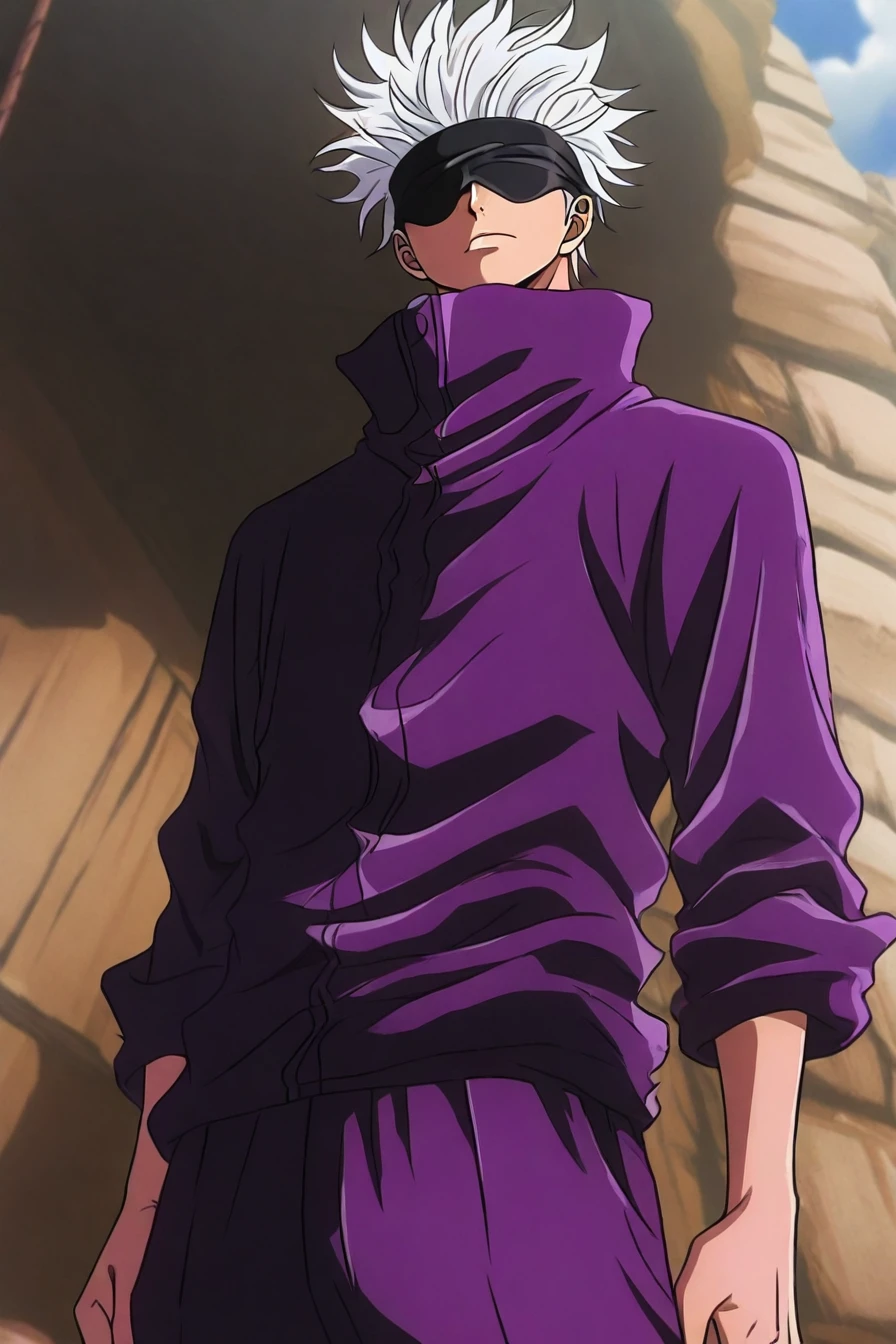 gojou satoru, white hair, purple pants, high collar, blindfold, covered eyes, black blindfold, purple jacket, purple pants, 1boy, solo, alone,<lora:one_piece_style_illustriousXL-000017:1>, one_piece_style, masterpiece, highres