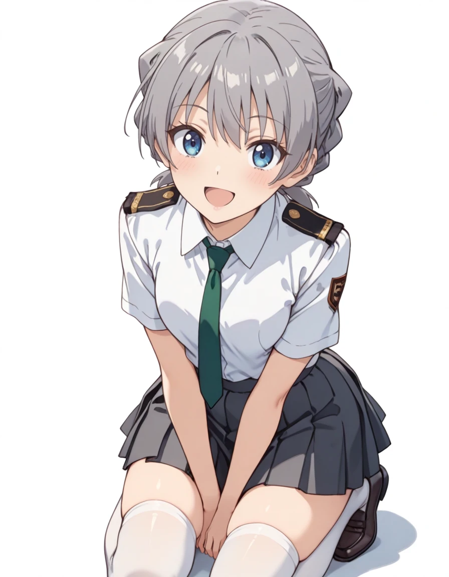 masterpiece, best quality, absurdres, <lora:tachibana_mirei_IL:1>, tachibana mirei, 1girl, solo, silver hair, blue eyes, school uniform, white shirt, short sleeves, plain green necktie, dark-green necktie, pleated skirt, dark-gray skirt, white thighhighs, loafers, emblem on left sleeve, epaulettes, white background, smile, open mouth, watson cross,