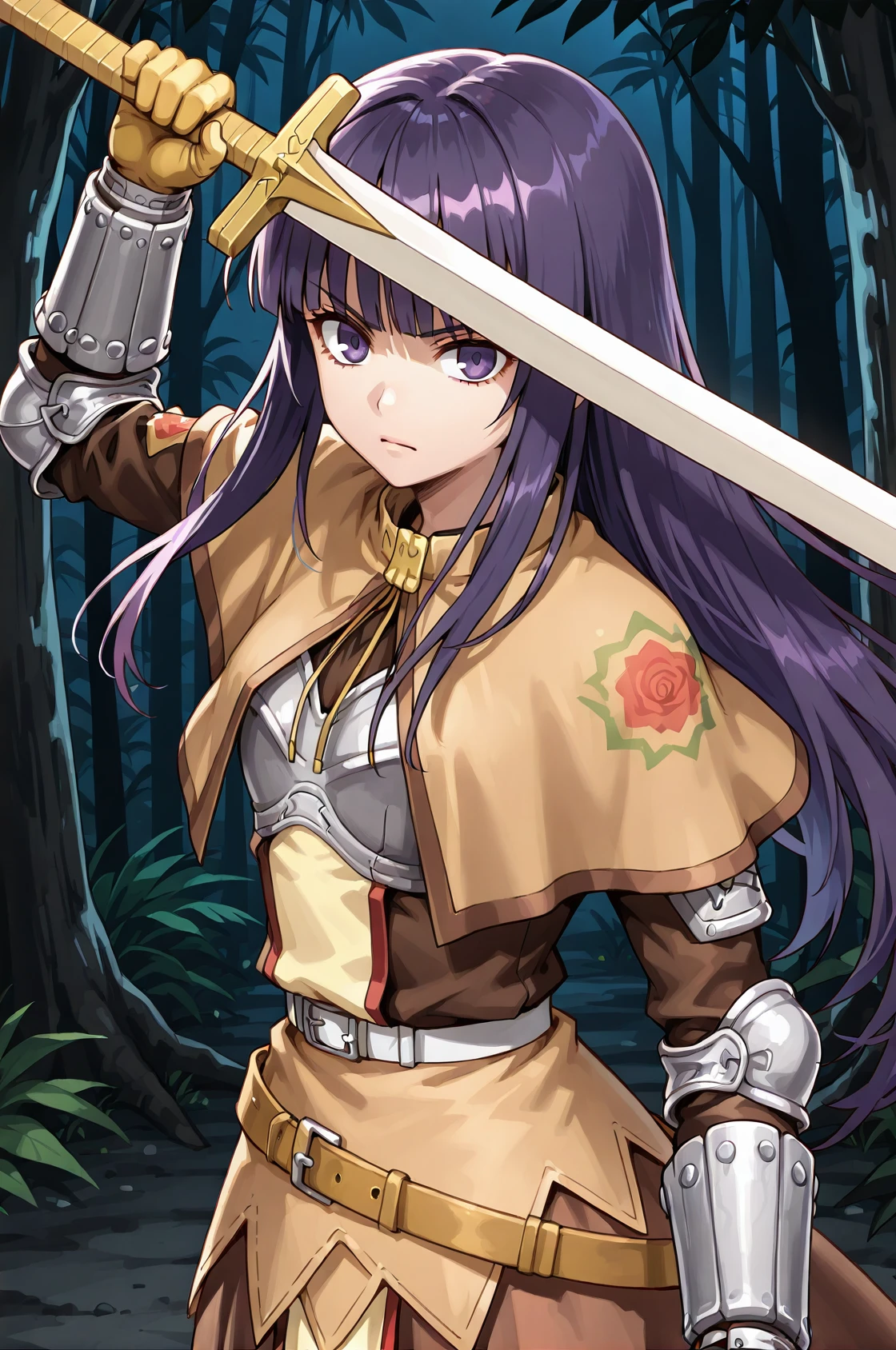 swdro, breastplate, brown capelet, dress, belt, armored gloves, long skirt, brown skirt, gauntlet, yellow gloves, long hair, purple hair, purple eyes, blunt bangs, standing, holding sword, serious, upper body, fighting stance, outdoor, night time, jungle, trees, dark atmosphere, gloomy, low light, moonlit night, void black sky, mist,
 <lora:swordROIlustV6.5:1>