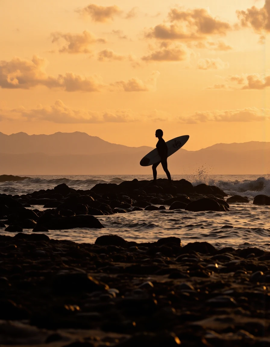 Surfing life style. A silhouette of a surfer walking along the beach during sunset, holding a surfboard. the surfer is in the middle of the image, with the ocean stretching out in front of them, and the rocky shoreline in the foreground. the sky is filled with orange and yellow hues, indicating that it is either sunrise or sunset. in the background, there are distant mountains silhouetted against the horizon, adding to the serene atmosphere of the scene. the person is standing with their surfboard in hand, facing away from the camera, creating a sense of solitude and isolation. the image is taken from a low angle, allowing the viewer to appreciate the details of their silhouette and the texture of the beach.
1girl, solo, standing, full body, outdoors, sky, cloud, water, holding, surfboard, ocean, rocky shore, silhouette, beach, cloudy sky
camera_angle: from below, art_style: photo realistic, location: beach, background: ocean with waves crashing onto the shore and distant mountains in the distance, text: NA, image_composition: middle, clothing: black wetsuit, hair_color: black hair, distance_to_camera: full body;full body, action: walking towards the shore, accessory: surfboard;surfboard, pants: NA;NA, eye_direction: looking at viewer;looking at horizon, race: light skin;dark skin, shoes: n/a;no action: standing with surfboard facing away;facing viewer, ear: N/a, body: slim;silhouette, gender: 1woman;1woman, eye-color: no human;no human, facing_ direction: facing away