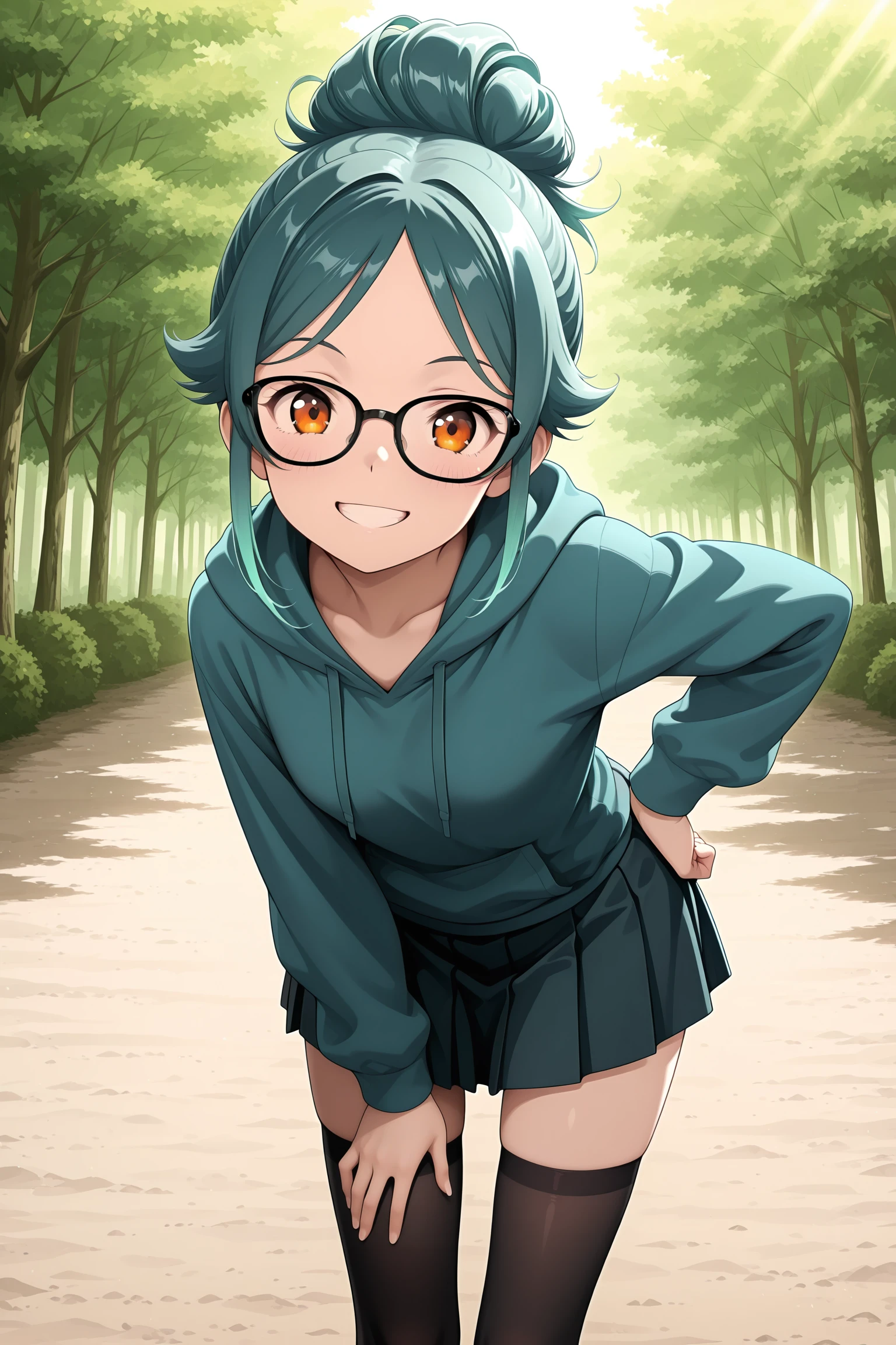 anime screencap, anime coloring, detailed face, masterpiece, best quality, very aesthetic, absurdres, volumetric lighting, official style, amazing quality, ultra detailed, highres, amazing quality, scenery, beautiful detailed hair, beautiful detailed eyes,
<lora:StS-Illustrious-Detail-Slider-v1.0:4>
<lora:Ayumi_Tsukishiro_Original_Character_-_V2:1>
outdoors, day,
Ayumi Tsukishiro (character), 1girl, solo, glasses, hood, hoodie, thighhighs, skirt, smile, looking at viewer, hand on own hip, pleated skirt, green hair, leaning forward, black-framed eyewear, black thighhighs, twist updo, amber eyes, wild teal hair, petite girl, petite, grin, cowboys shot,
