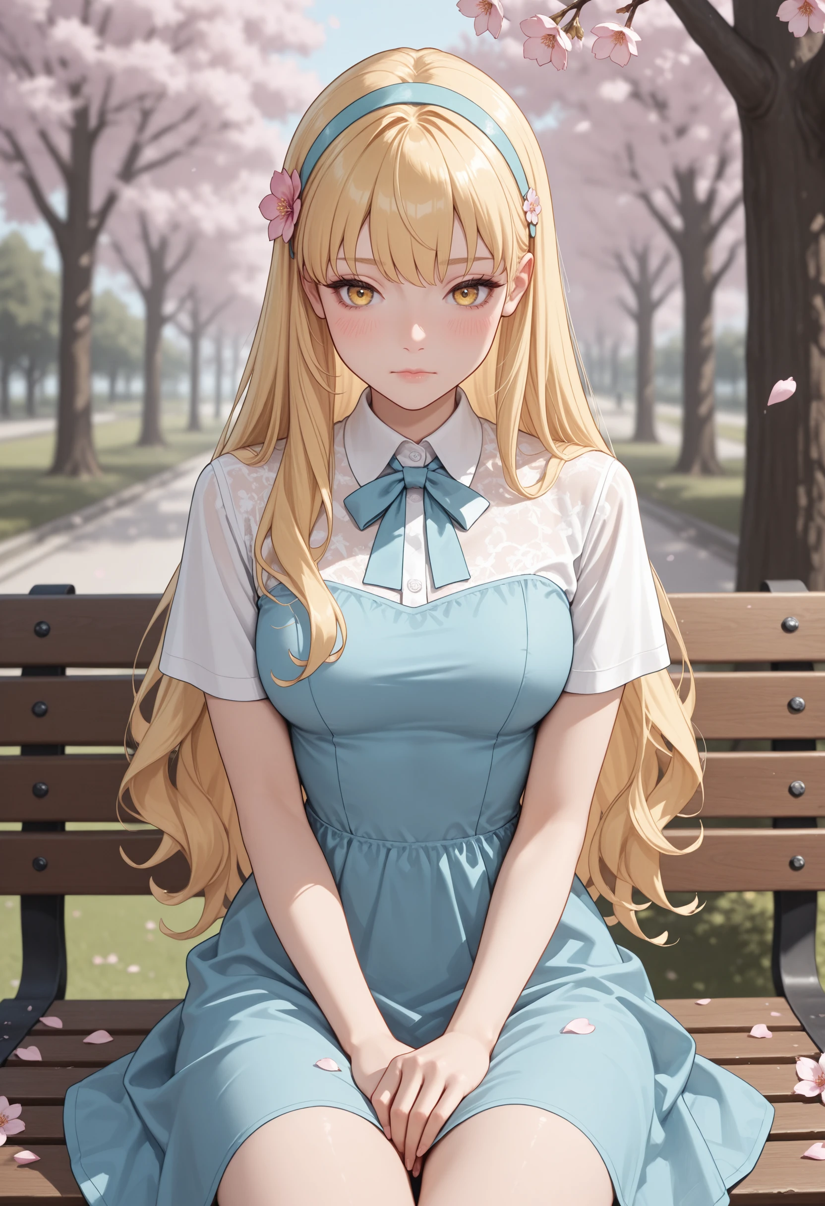 very awa, masterpiece, best quality, absurdres, newest, perfect quality, detailed background, intricate details
<lora:ILWCStell4:1>
WCStell4, 1girl, blonde hair, hairband, yellow eyes, long hair, blurry background, outdoors, sitting on bench, hair flower, hair ornament, cherry blossoms, white shirt, blue dress, tree, short sleeves, closed mouth, petals, blush, day, hands on lap, park bench, collared shirt, pink flower, depth of field