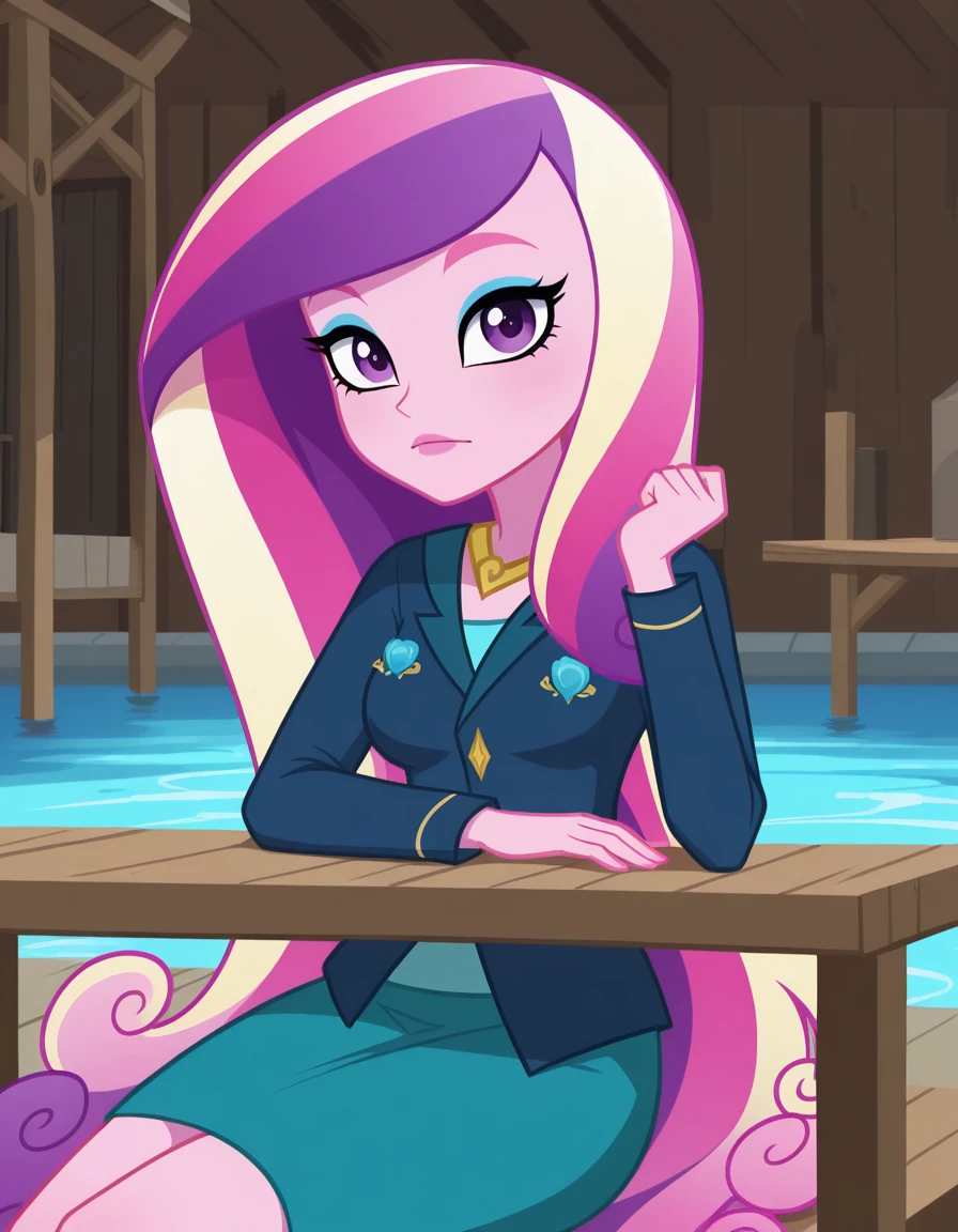 masterpiece, best quality, amazing quality,, <lora:dean-cadance-movie-illustriousxl-lora-nochekaiser:1>, cadance, long hair, very long hair, purple eyes, pink hair, purple hair, multicolored hair, two-tone hair, eyelashes, makeup, eyeshadow, skirt, formal, suit,, sitting, elbow rest, table,, stilt house, tall, water, unique, support, cowboy shot, solo, looking at viewer,
