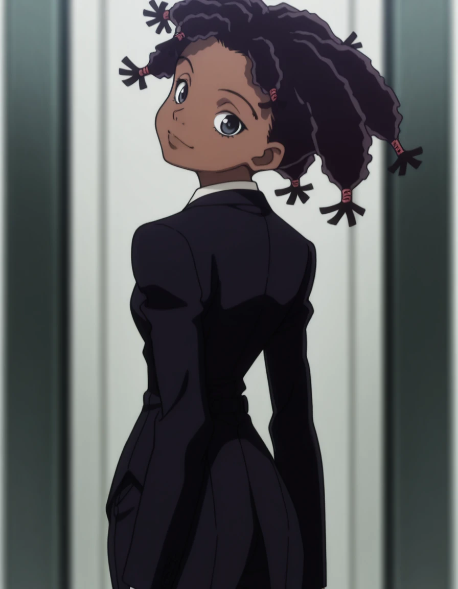 masterpiece, best quality, amazing quality,, <lora:hxh-canary-anime-illustriousxl-lora-nochekaiser:1>, hxh canary, black hair, dark skin, black eyes, dark-skinned female, dreadlocks, anime screencap,, jewelry, pants, formal, suit,, <lora:shaft-look-illustriousxl-lora-nochekaiser:1>, shaft look, looking back, from behind, head tilt, cowboy shot, smile,, minaret, tall, mosque, call_to_prayer, holy, cowboy shot, solo, looking at viewer,