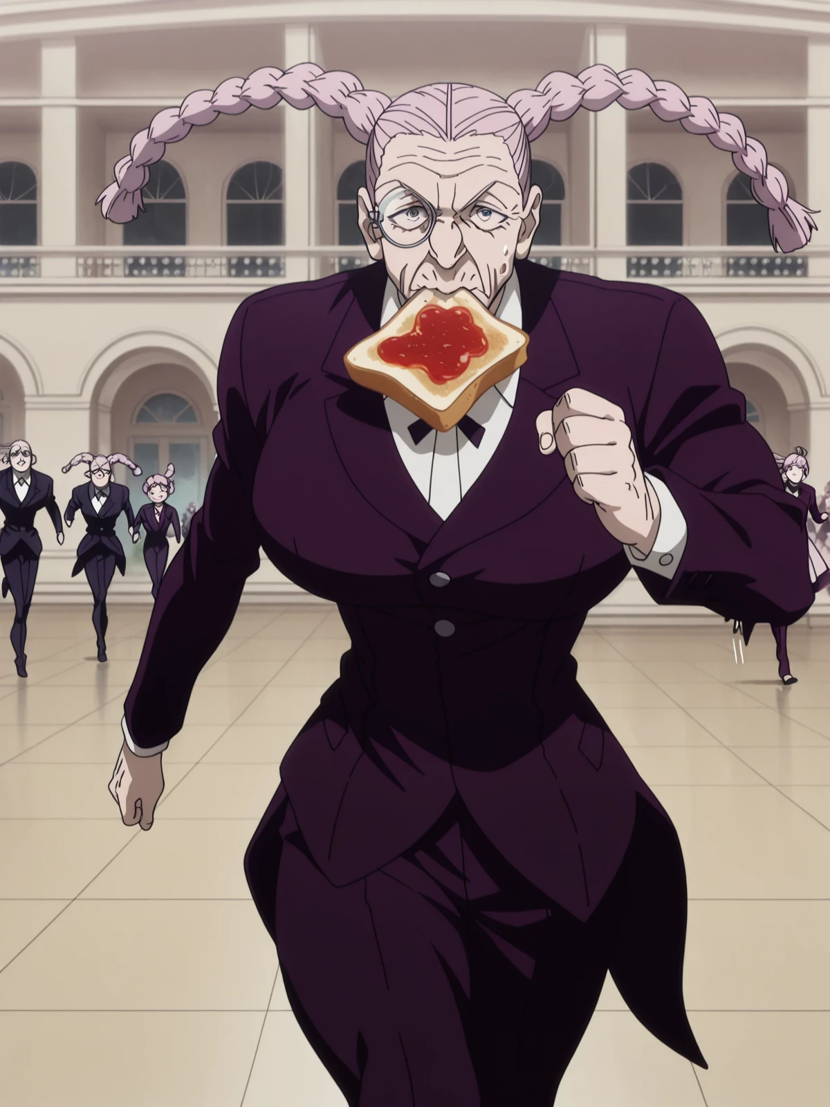 masterpiece, best quality, amazing quality,, <lora:hxh-tsubone-anime-illustriousxl-lora-nochekaiser:1>, hxh tsubone, long hair, braid, facial hair, old, pink hair, glasses, monocle, wrinkled skin, broad shoulders, mature female, large breasts, anime screencap,, shirt, long sleeves, jacket, white shirt, collared shirt, pants, formal, suit,, <lora:food-in-mouth-running-illustriousxl-lora-nochekaiser:1>, food in mouth running, food in mouth, running, bread, bread slice, food, toast in mouth, toast, sweatdrop, motion lines, motion blur, outdoors, feet out of frame, straight-on, ballroom, dance_floor, chandeliers, formal_wear, cowboy shot, solo, looking at viewer,