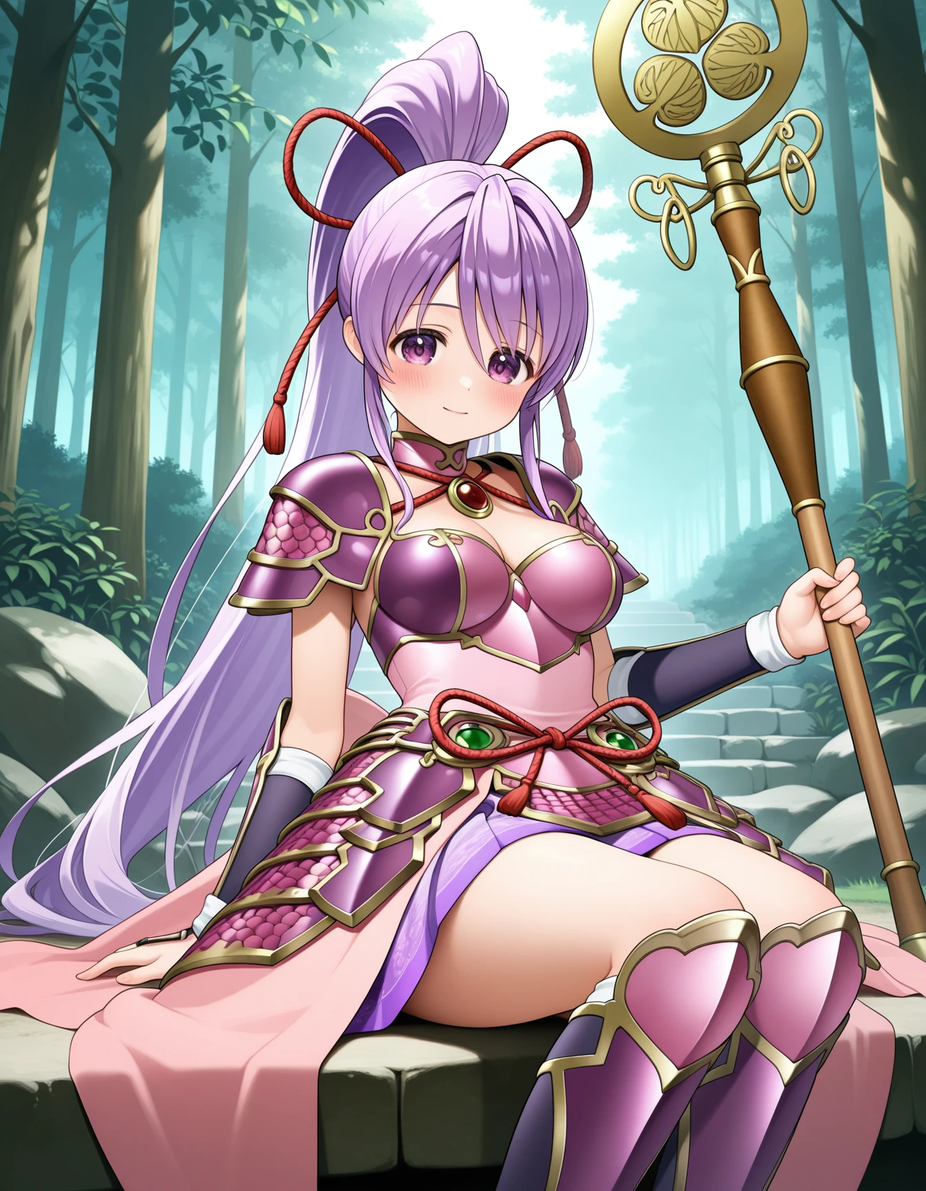 tokugawa_ieyasu_(sengoku_otome), purple hair, very long hair, purple eyes, high ponytail, medium breasts,
armored dress, jewelry, dress, skirt, tabi, sandals,
<lora:tokugawa_ieyasu_(sengoku_otome)_Illustrious_2.0-XL_v1:1>
holding staff,, masterpiece, newest, absurdres, best quality, amazing quality, very aesthetic, ultra-detailed, highly detailed, sitting, (dynamic_pose),
blush
looking at viewer,cowboy shot,closed mouth, light smile,
outdoors,forest