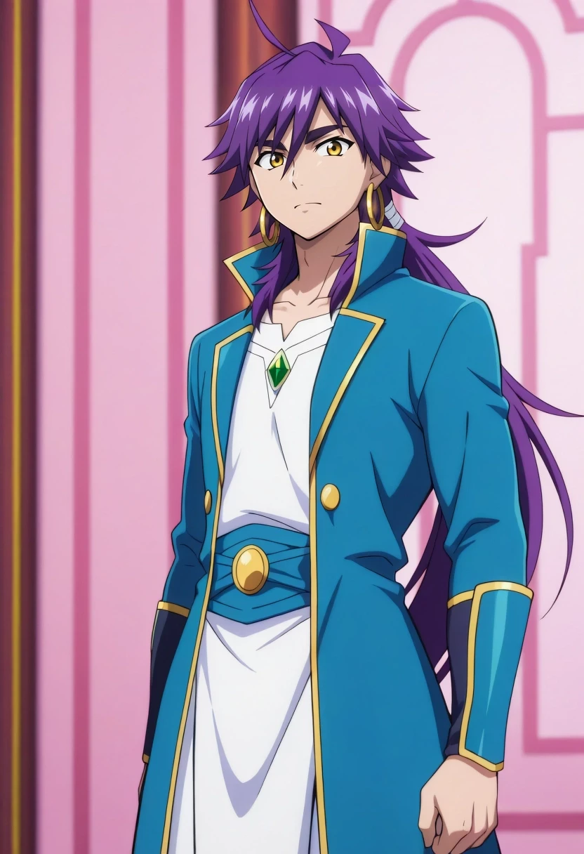 masterpiece, best quality, amazing quality, very aesthetic, high resolution, ultra-detailed, absurdres, newest, colorful, highest detailed, very awa, anime screencap, official style, anime coloring, cowboy shot, looking at viewer, 1boy, solo, male focus, <lora:snbd_msnb_ilxl:0.94>, snbd_msnb, purple hair, yellow eyes, long hair, ponytail, hair between eyes, ahoge, blue open coat, white tunic, light pink panel, green gem, gold trim, gold hoop earrings, gold buttons