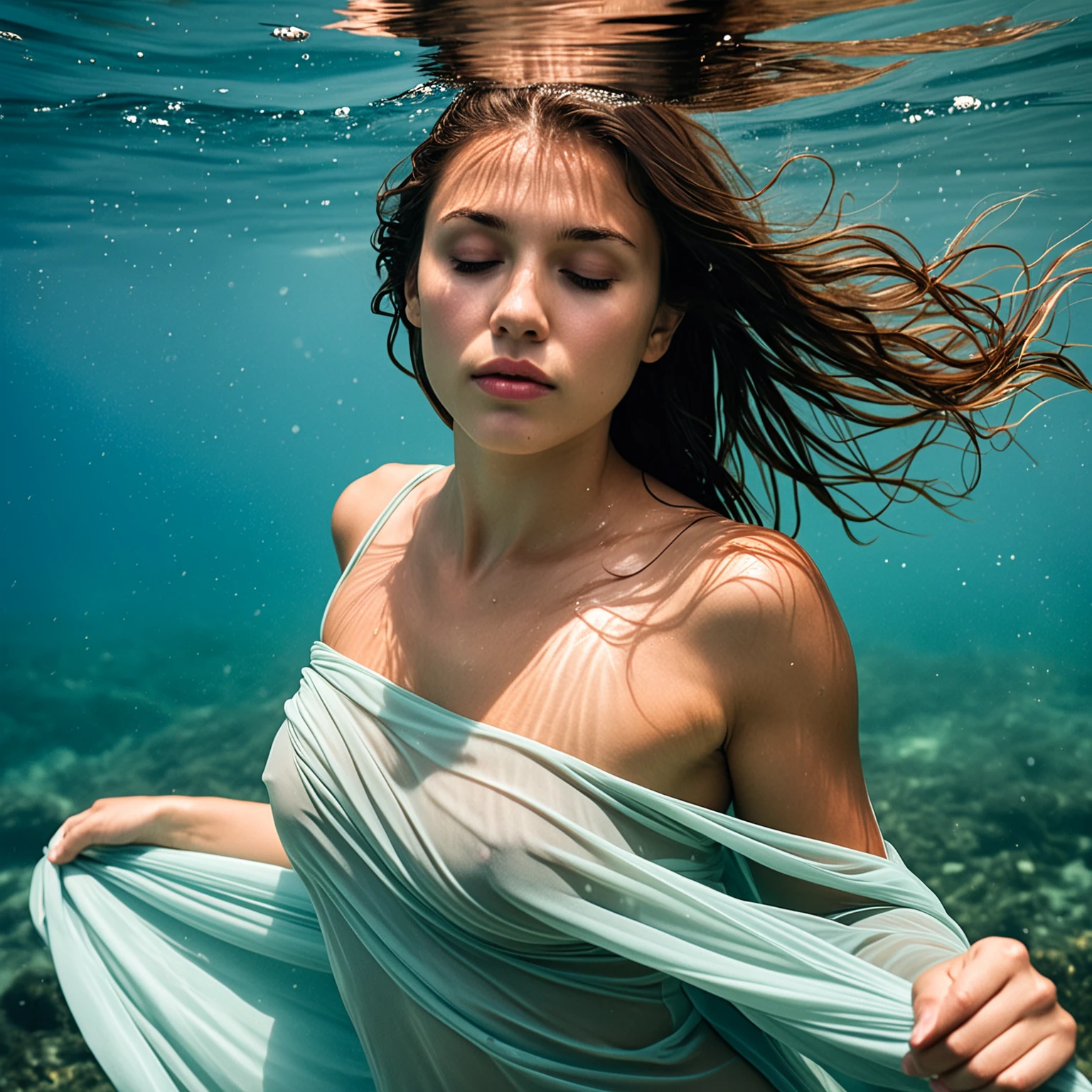 Color photograph in soft, muted tones with subtle pops of vibrant color, close-up view of a woman’s face and upper body submerged in the ocean, her expression serene with softly closed eyes. She wears a sheer, delicate dress that clings wetly to her shoulders and chest, enhancing her form and capturing the gentle folds of fabric as it floats around her. The material, drenched and translucent, wraps closely to her skin, each fold heavy with water and creating an ethereal, almost weightless effect as it trails around her.
Hints of deep coral red or shimmering silver beads in the fabric catch the underwater light, adding soft bursts of color against the cool blues and greens of the ocean. Her hair, also wet and flowing, moves alongside the fabric, intertwining with it in the underwater currents. Soft rays of light filter through, casting a warm glow over her face and the delicate details of the dress, while tiny bubbles rise around her, enhancing the intimacy and natural beauty of the close-up scene.