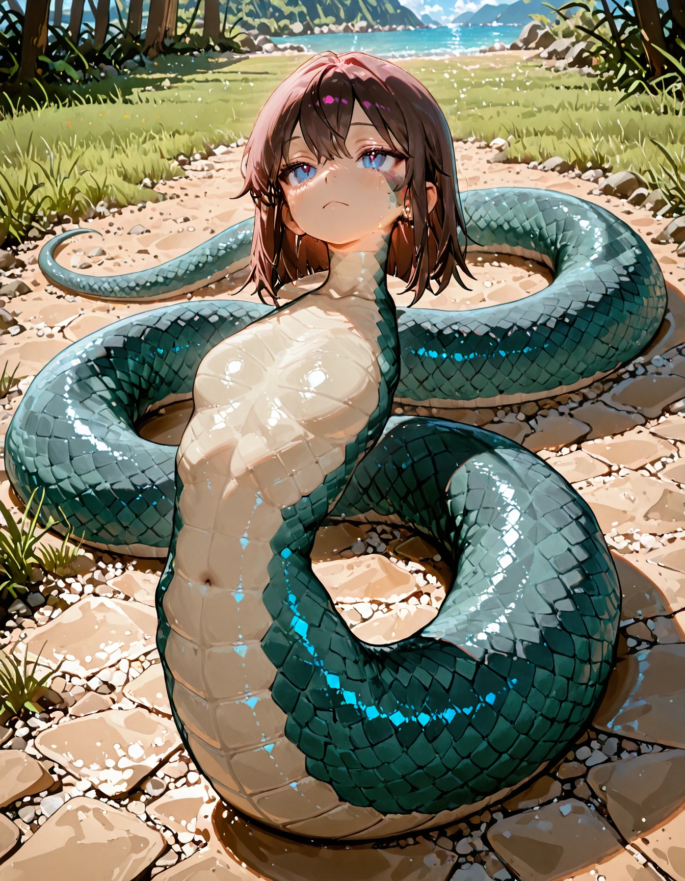 create an image of an anime girl stuck on a desert with their legs tied and facing upwards. she has no clothes and has a big body, with dark blue tentacles around her touching her pussy. she has blue eyes and her short Black hair covers her ears. she has a horny expression on her face